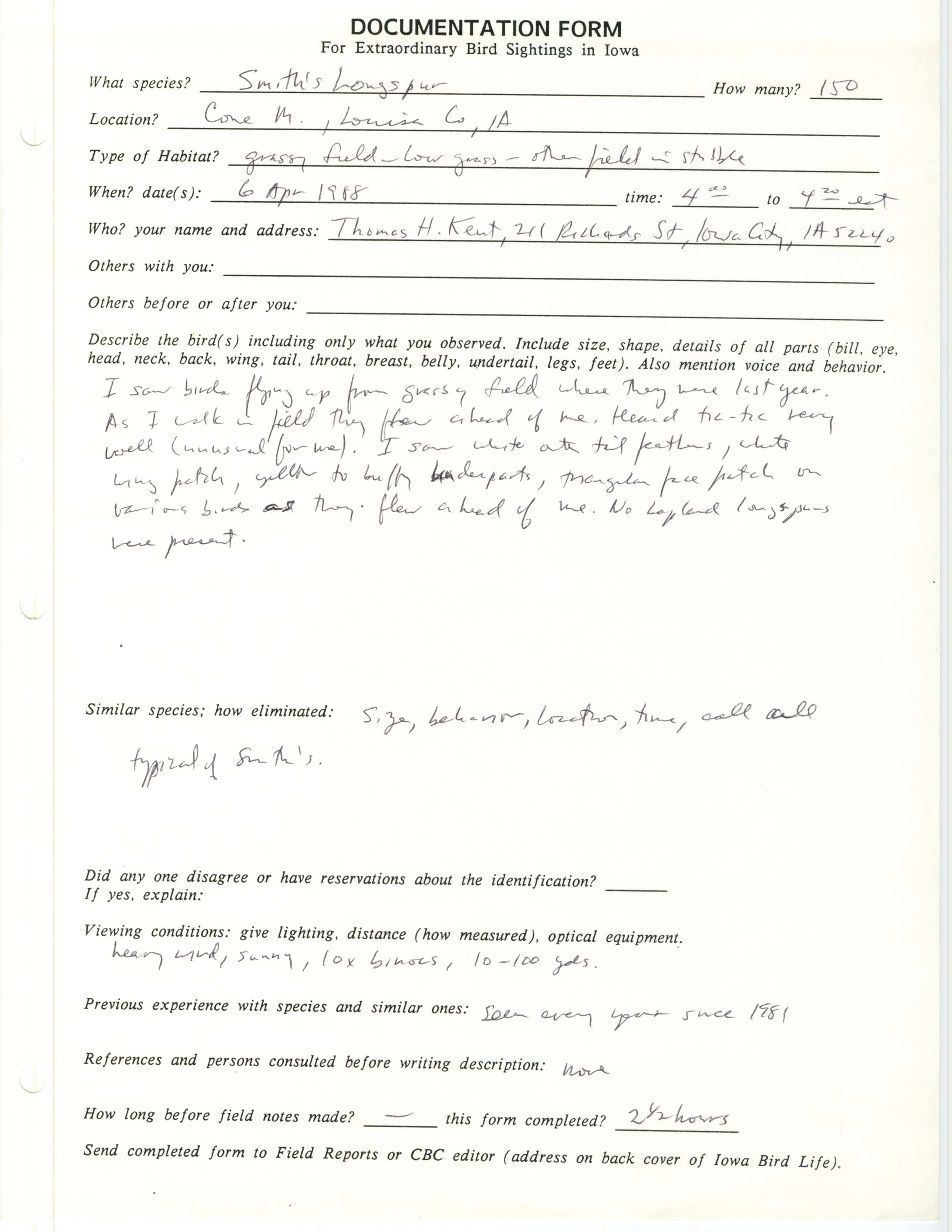 Rare bird documentation form for Smith's Longspur at Cone Marsh in 1988