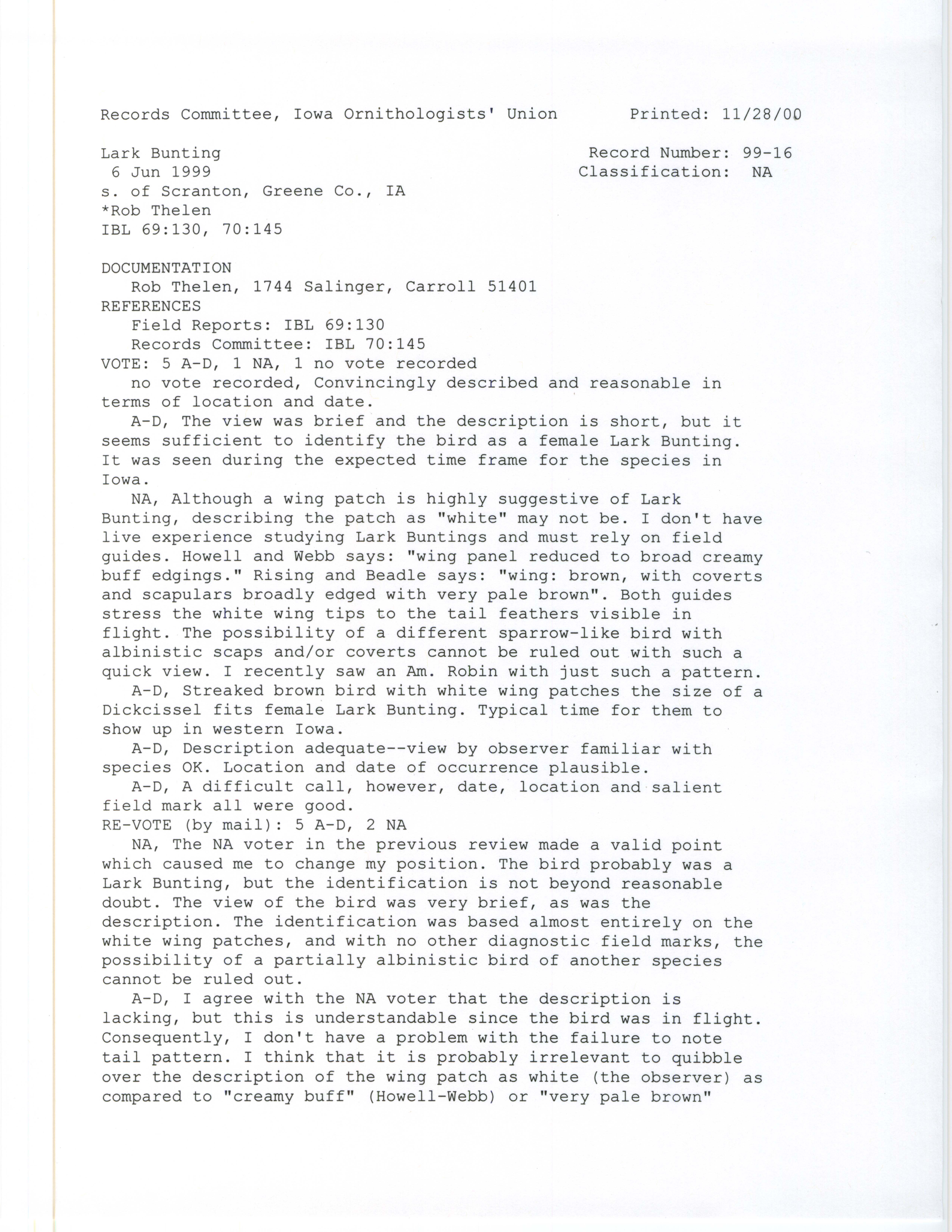 Records Committee review for rare bird sighting for Lark Bunting southeast of Scranton, 1999