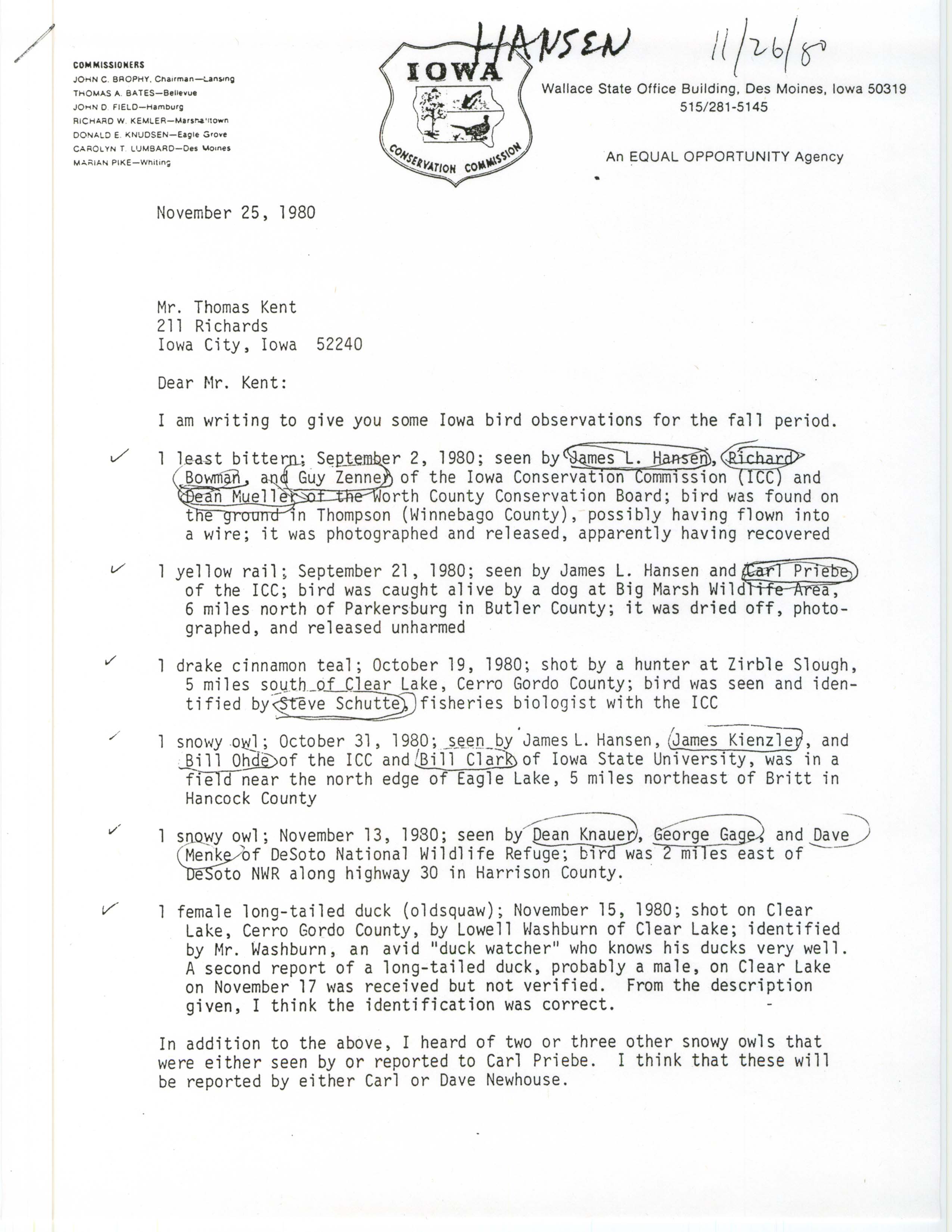 Letter from James L. Hansen to Thomas H. Kent regarding bird sightings, November 25, 1980