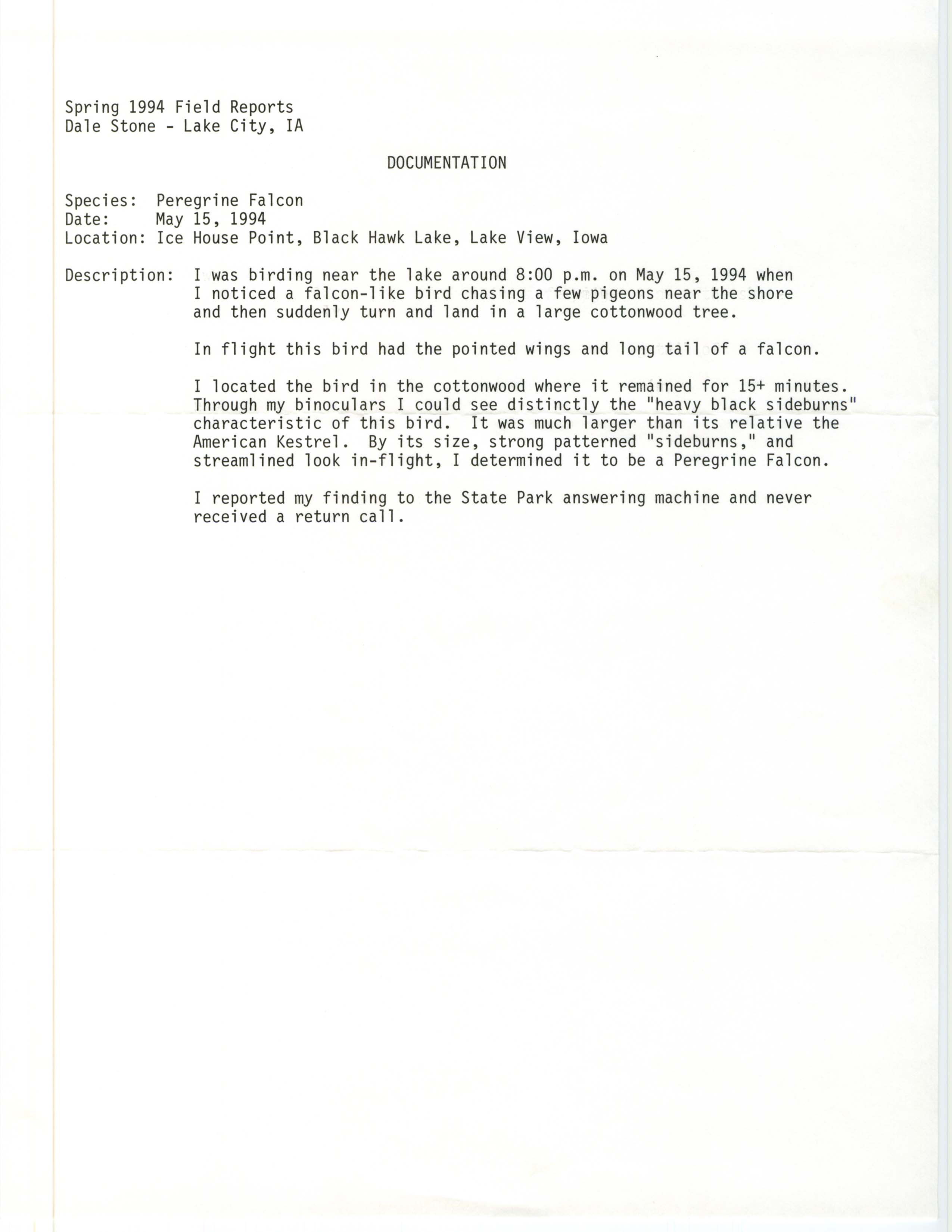 Rare bird documentation form for Peregrine Falcon at Black Hawk Lake, 1994