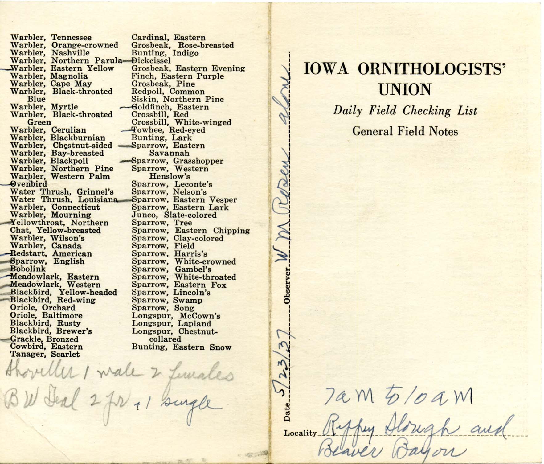Daily field checking list by Walter Rosene, May 23, 1937
