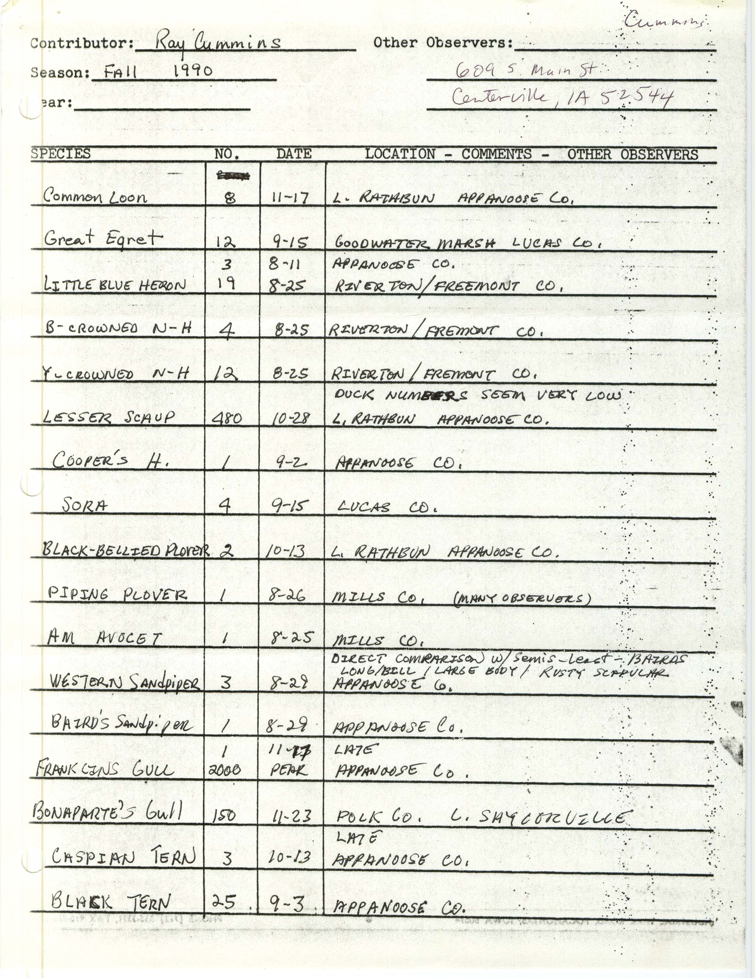 Field reports, Ray Cummins, fall 1990