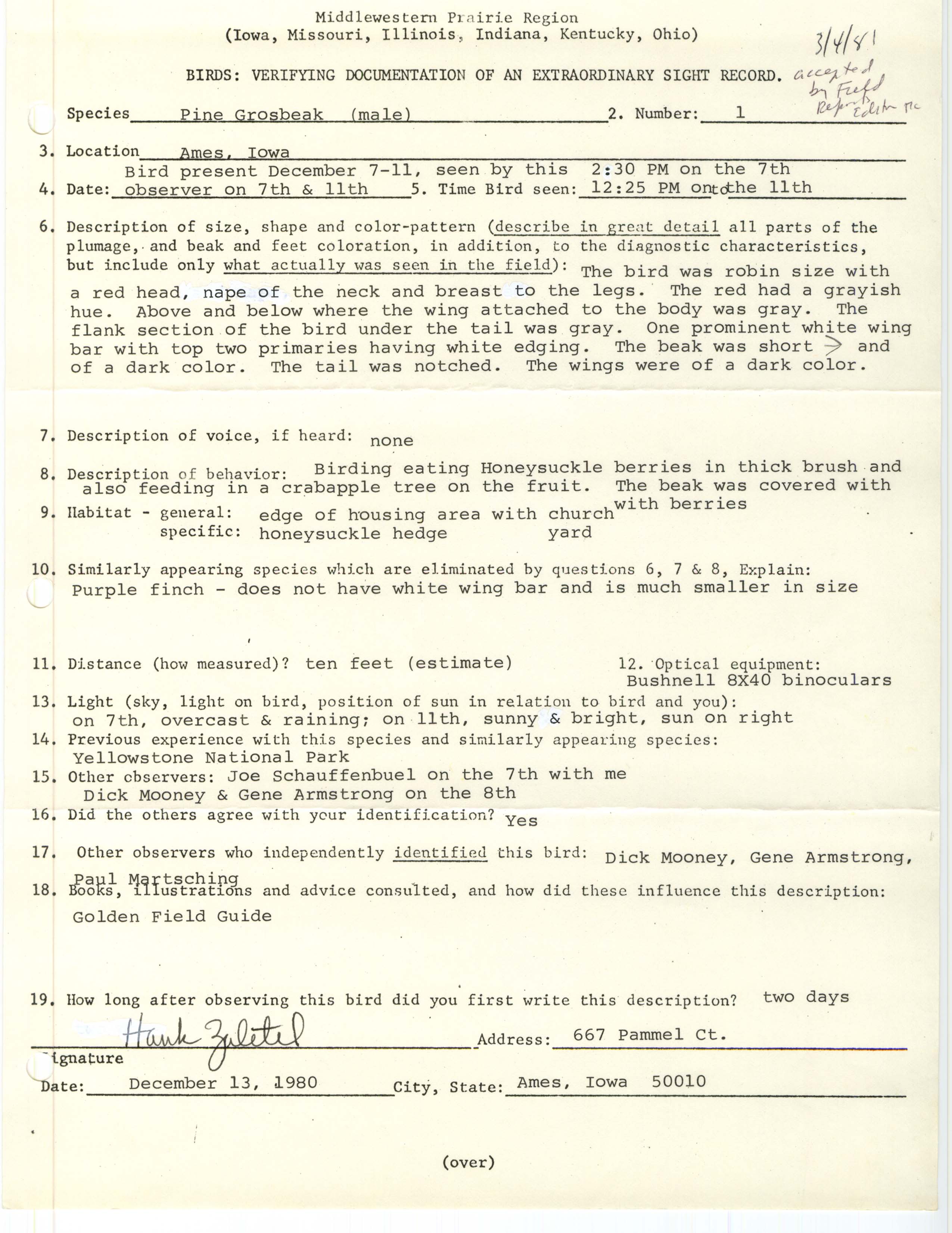Rare bird documentation form for Pine Grosbeak at Ames in 1980