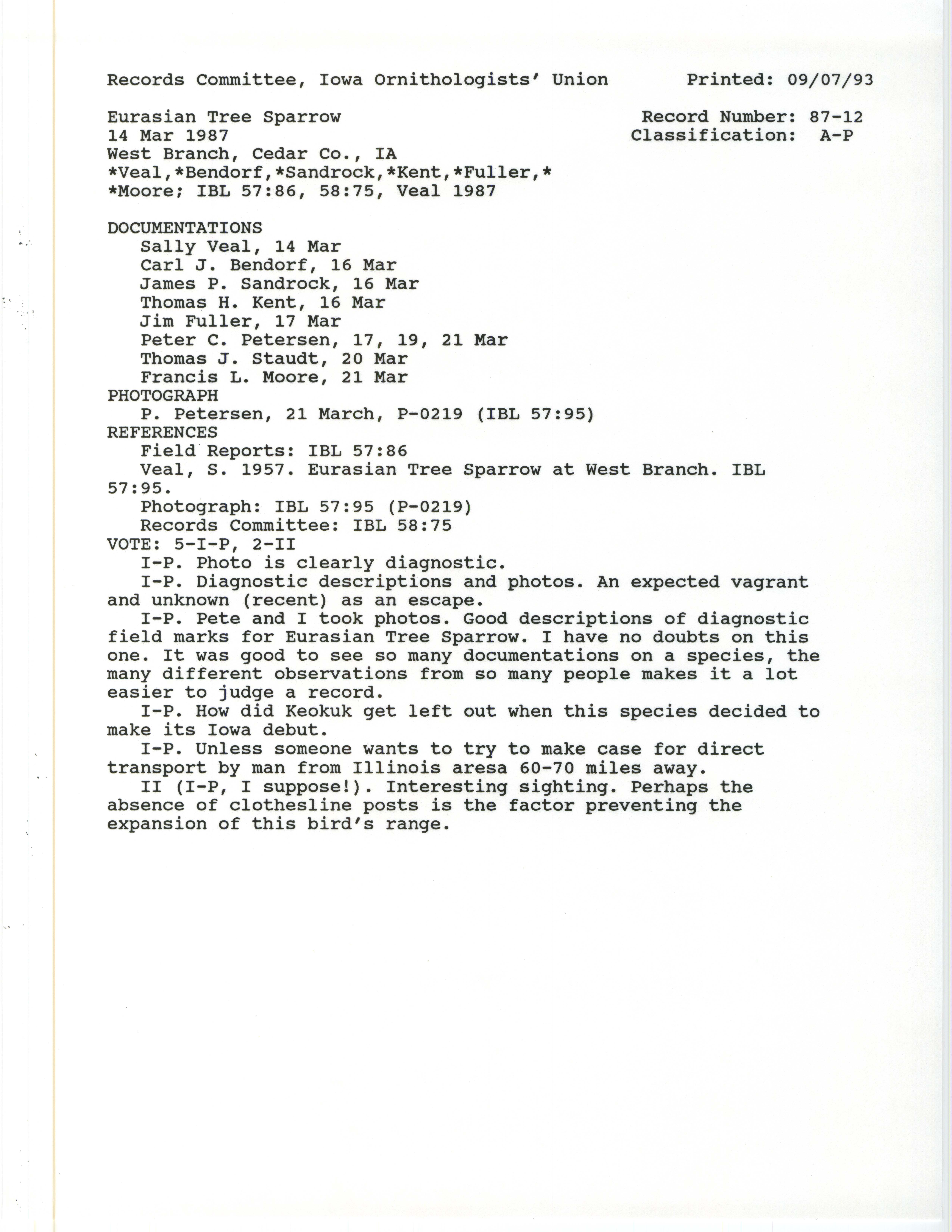 Records Committee review for rare bird sighting for Eurasian Tree Sparrow at West Branch, 1987