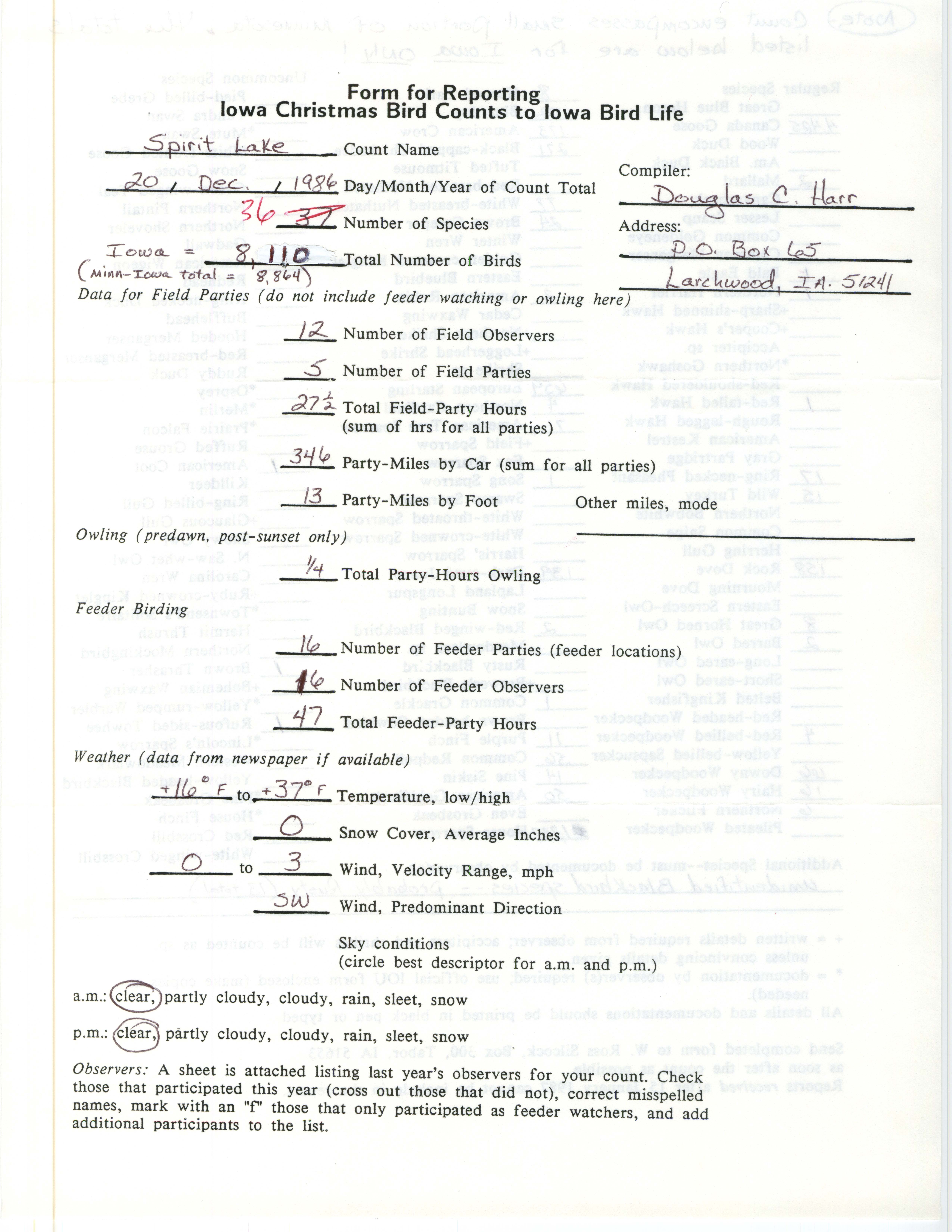 Form for reporting Iowa Christmas bird counts to Iowa Bird Life, Douglas C. Harr, December 20, 1986