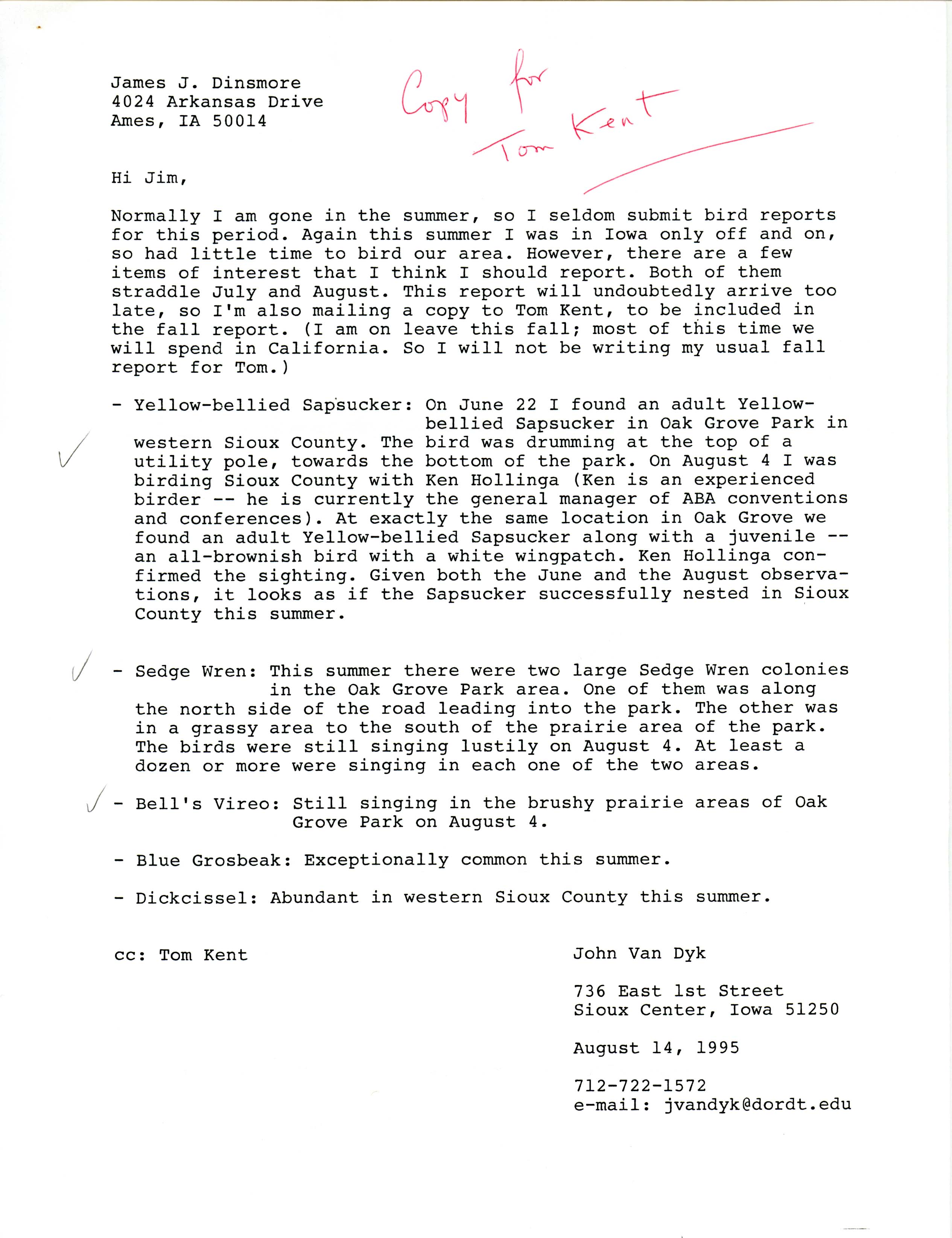 Field notes and Jon Van Dyk letter to James J. Dinsmore, August 14, 1995