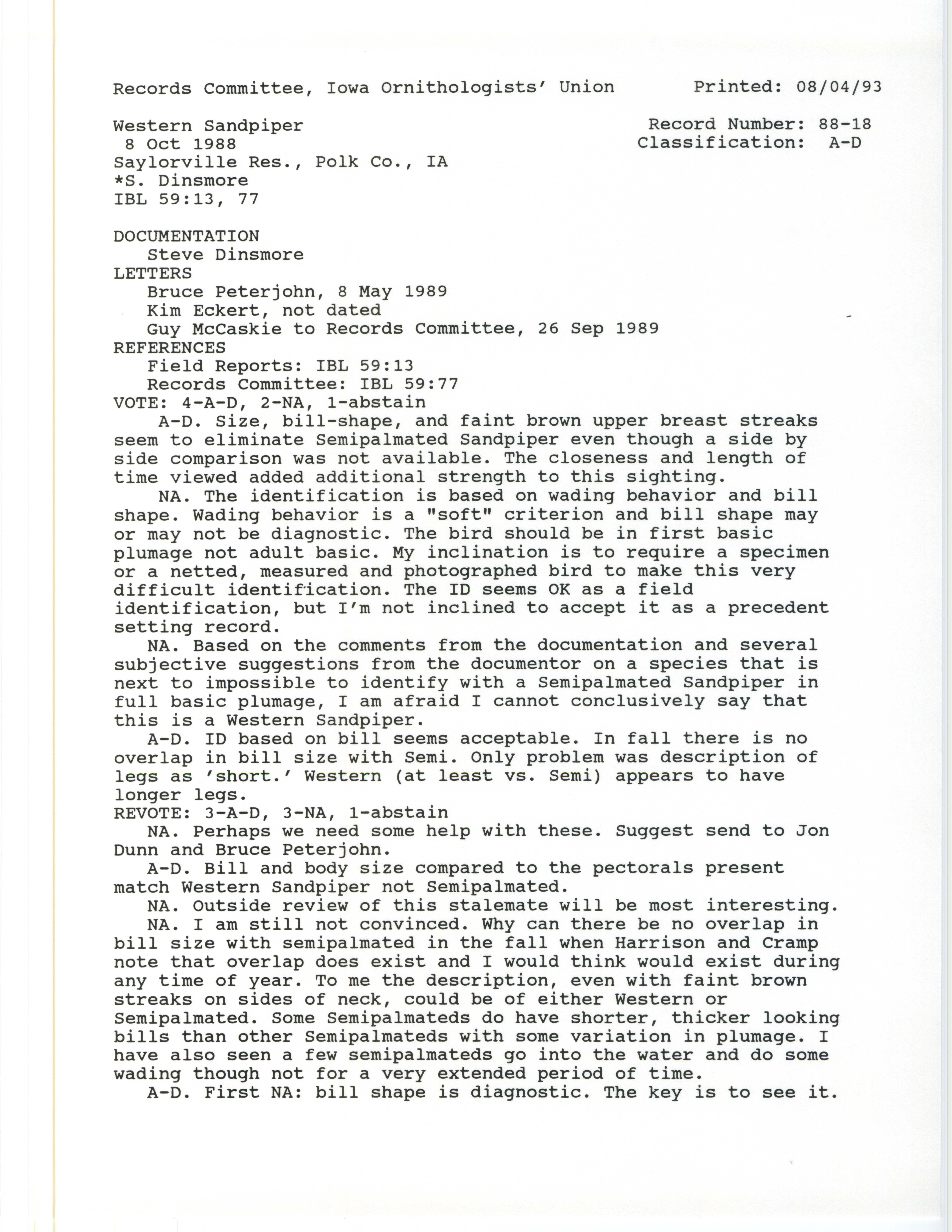 Records Committee review for rare bird sighting of Western Sandpiper at Saylorville Reservoir, 1988