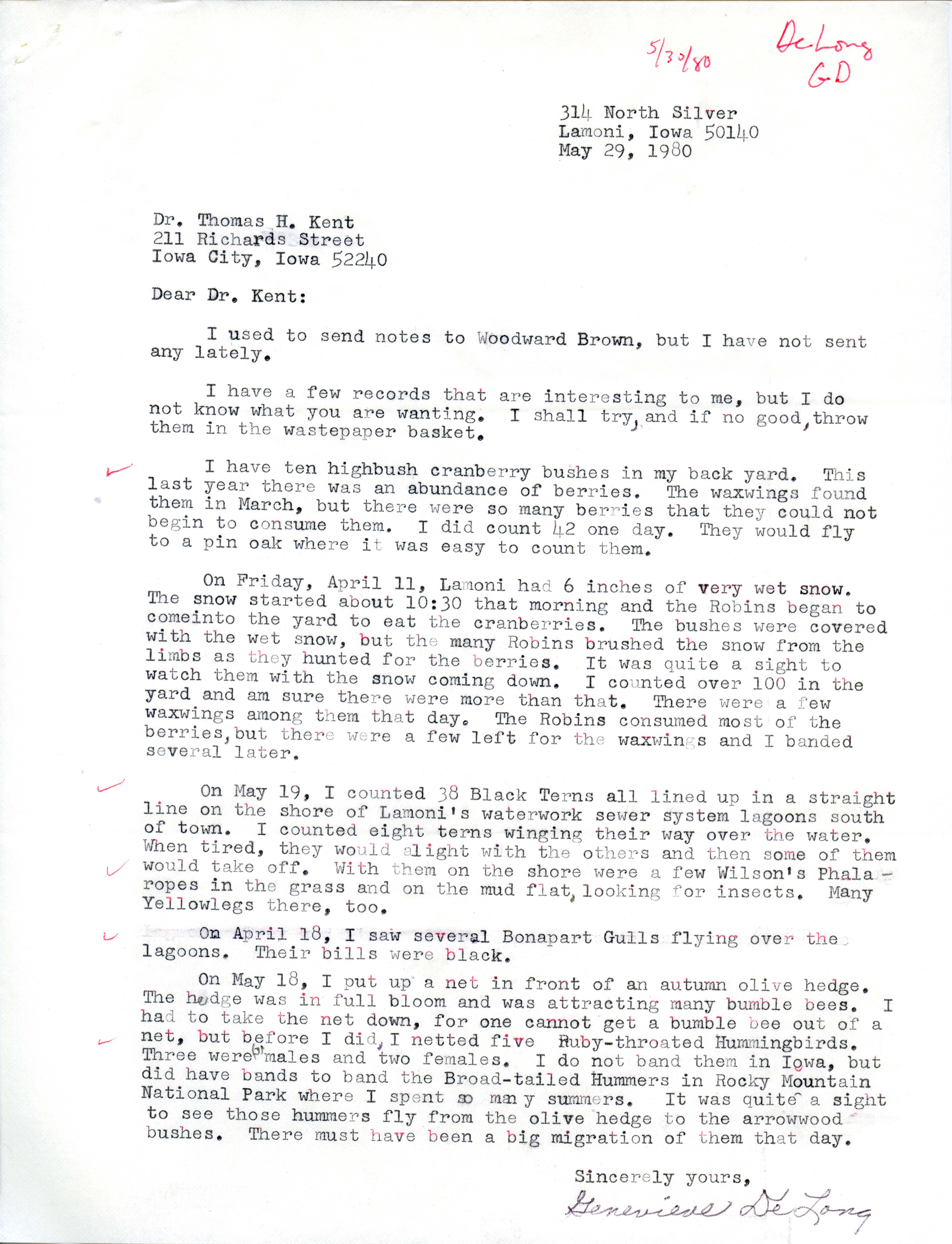 Genevieve DeLong letter to Thomas H. Kent regarding bird sightings, May 29, 1980