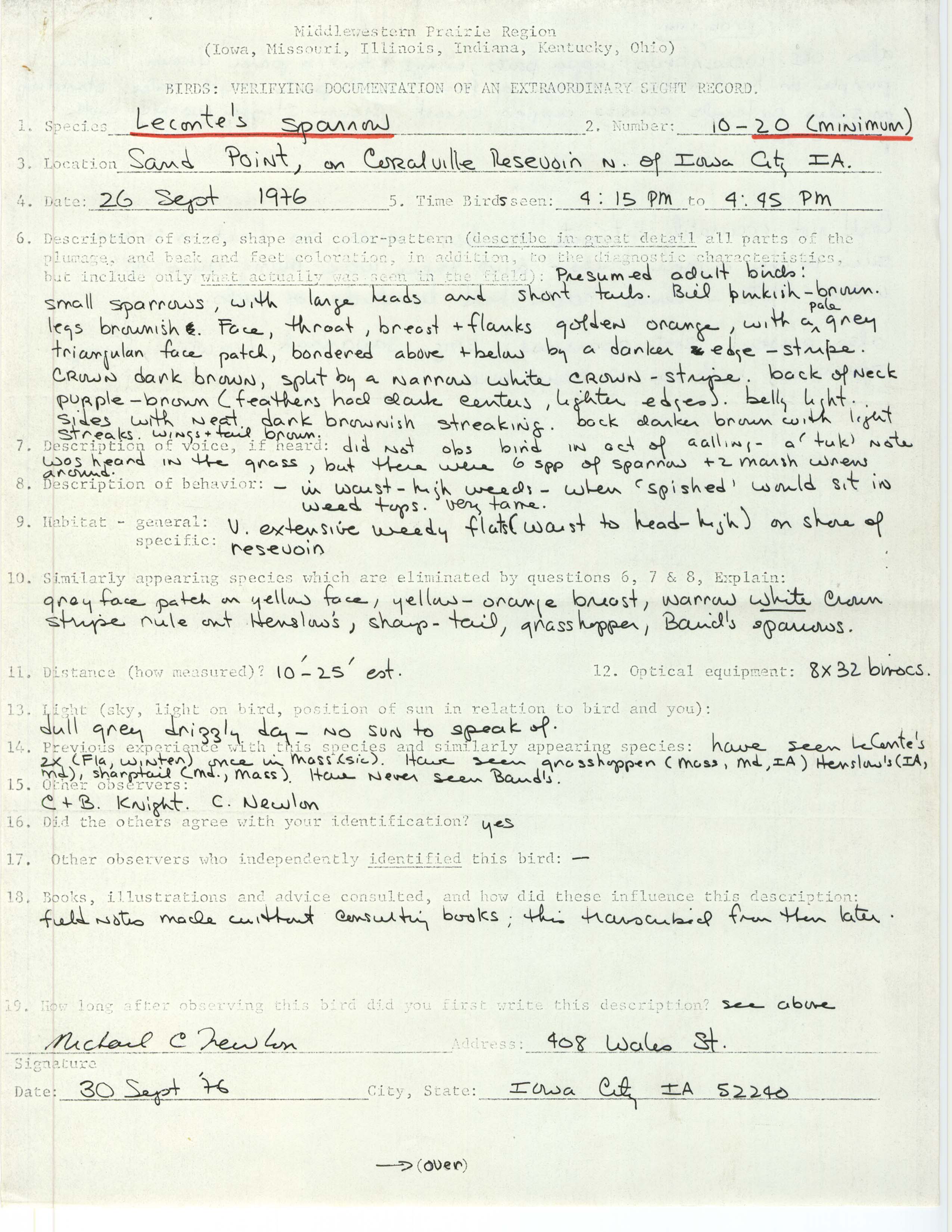 Rare bird documentation form for LeConte's Sparrow at Sand Point in Coralville Reservoir, 1976