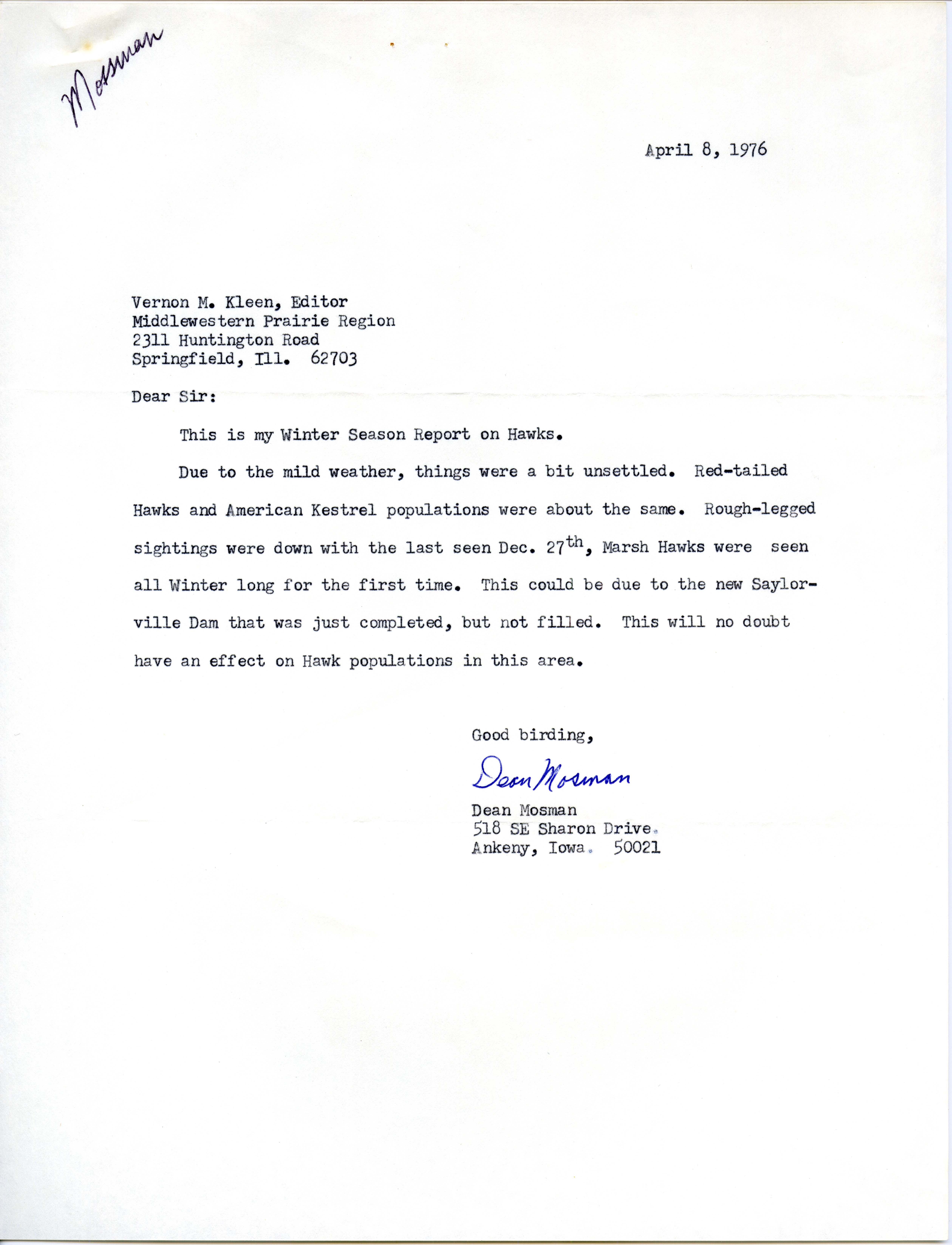 Dean Mosman letter to Vernon Kleen regarding hawks, April 8, 1976