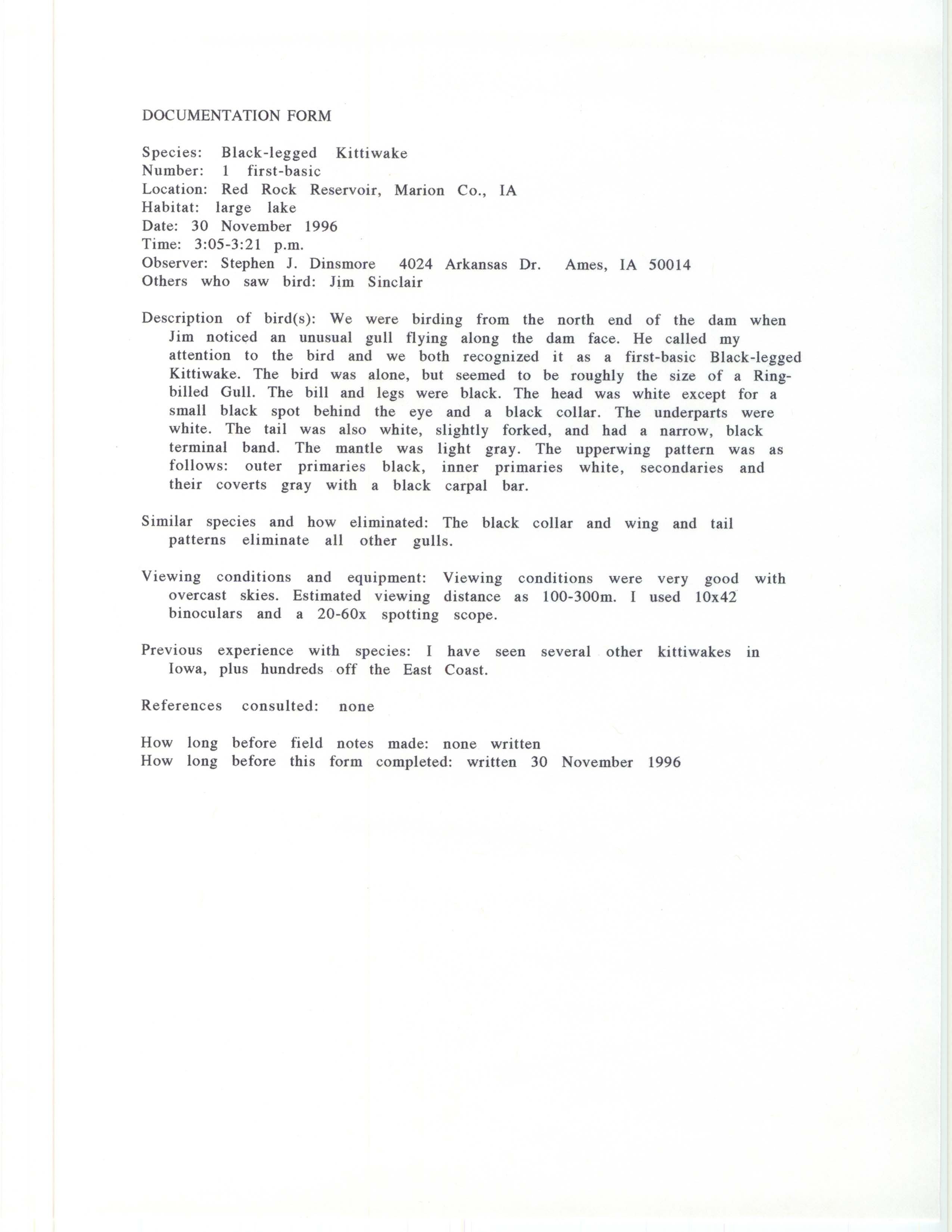Rare bird documentation form for Black-legged Kittiwake at Red Rock Reservoir, 1996