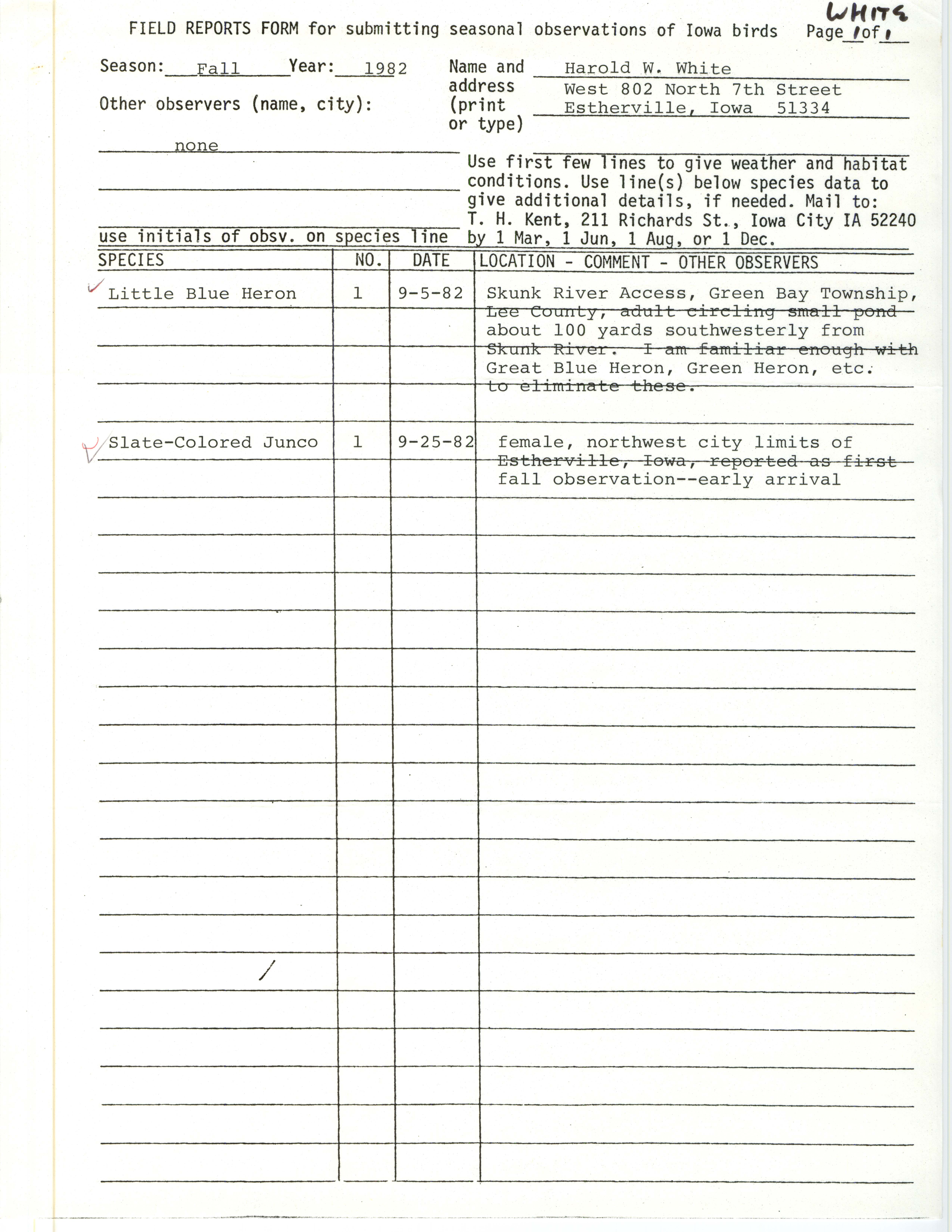 Field notes contributed by Harold W. White, fall 1982