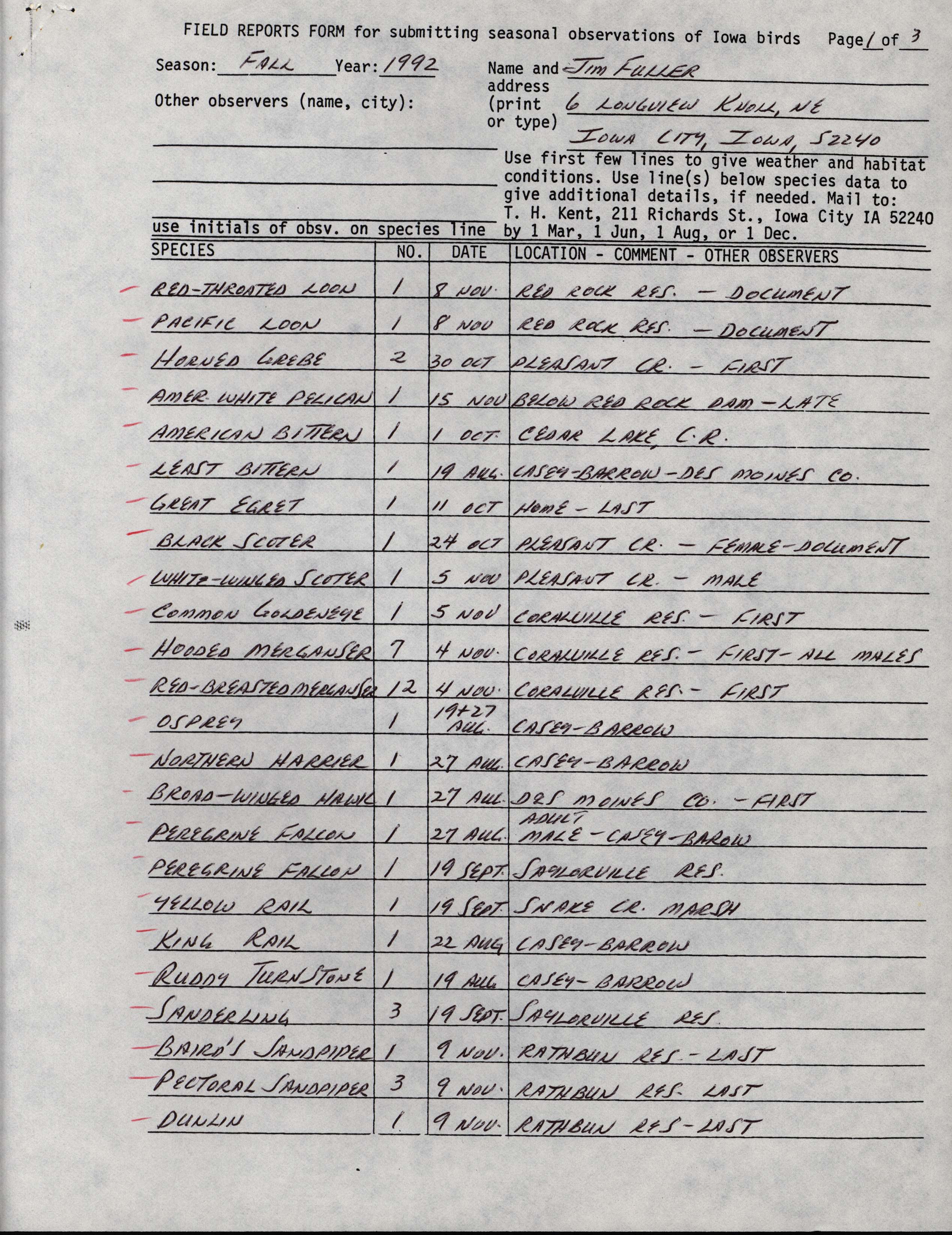 Field reports form for submitting seasonal observations of Iowa birds, James L. Fuller, fall 1992