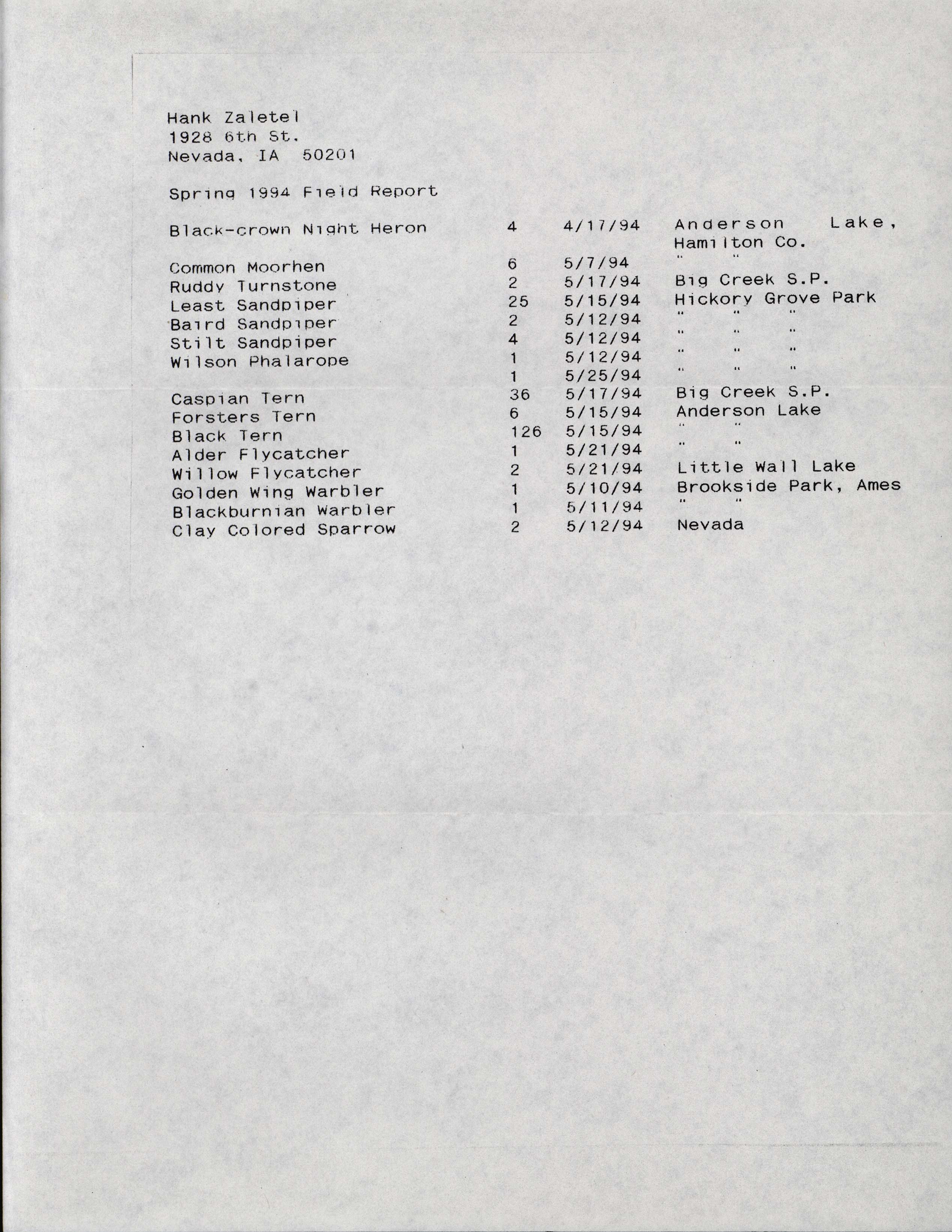 Spring 1994 field report, Hank Zaletel