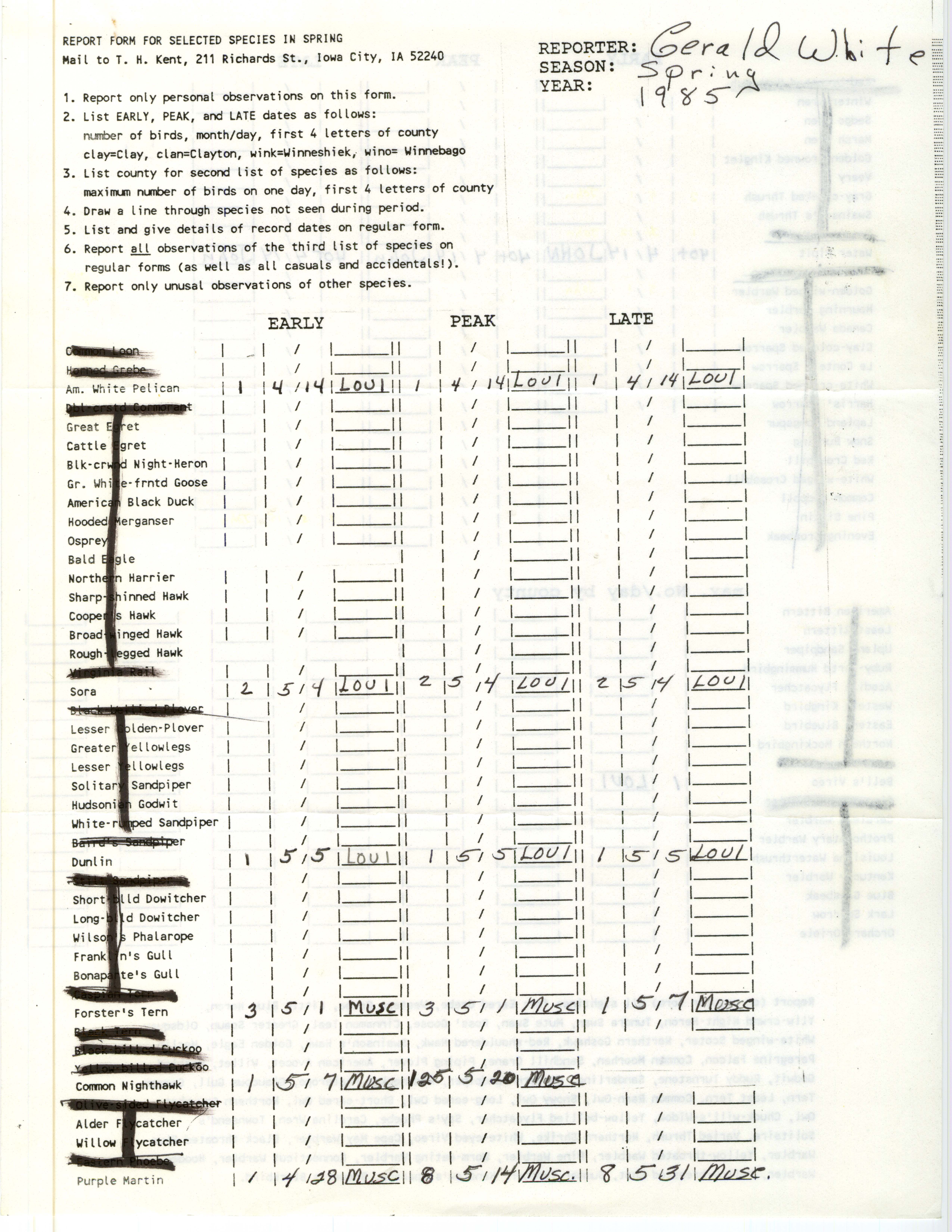 Report form for selected species in spring, contributed by Gerald White, spring 1985