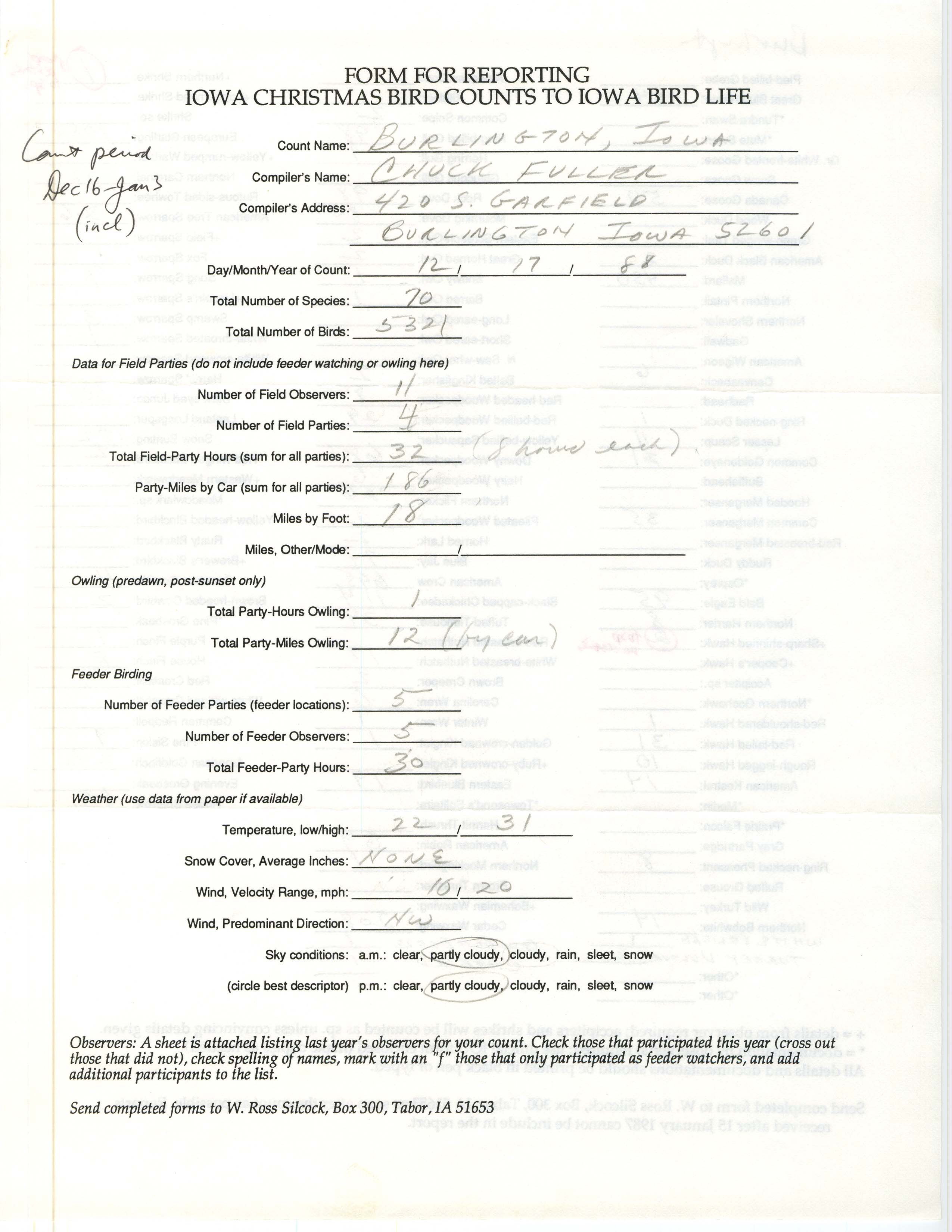 Form for reporting Iowa Christmas bird counts to Iowa Bird Life, Charles Fuller, December 17, 1988