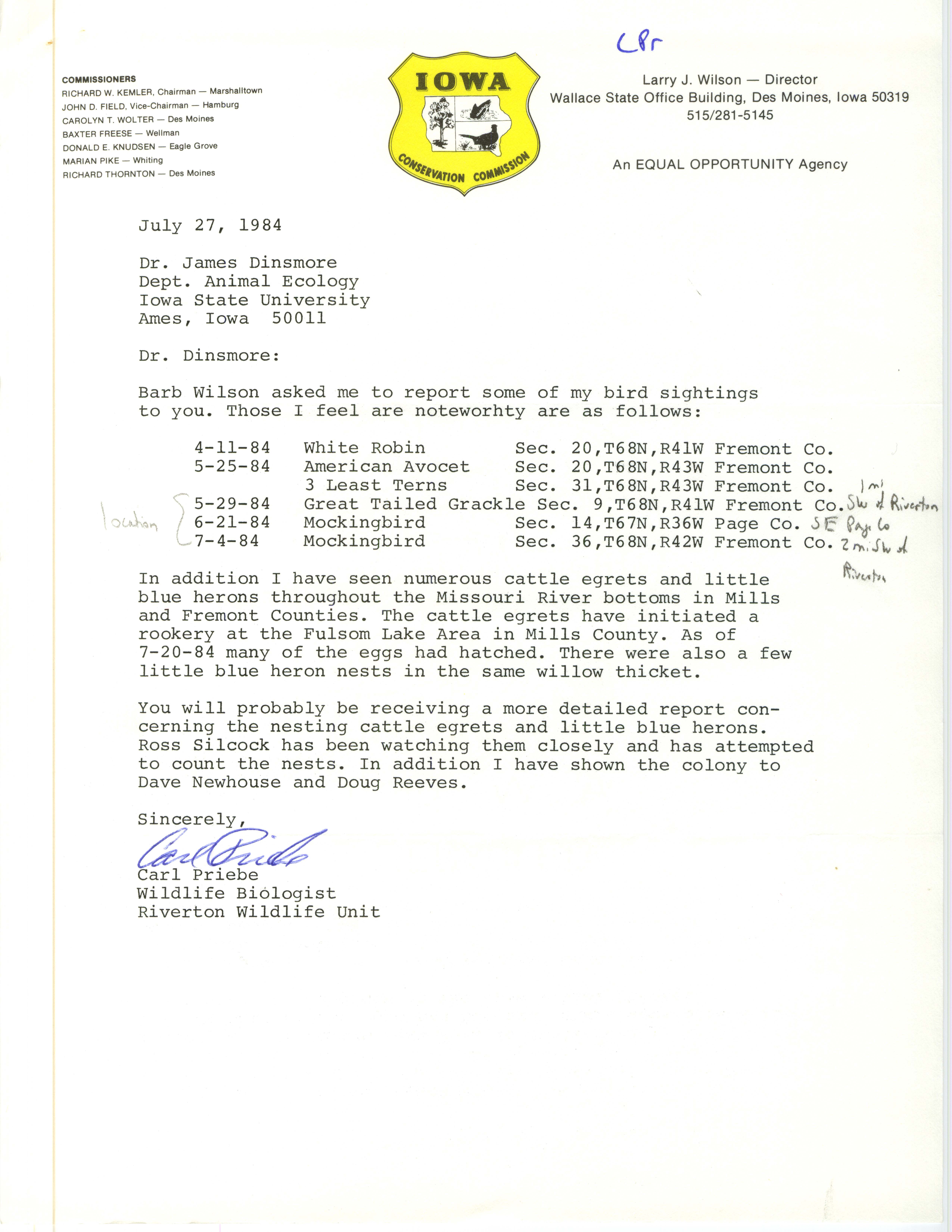 Carl Priebe letter to James J. Dinsmore regarding bird sightings, July 27, 1984