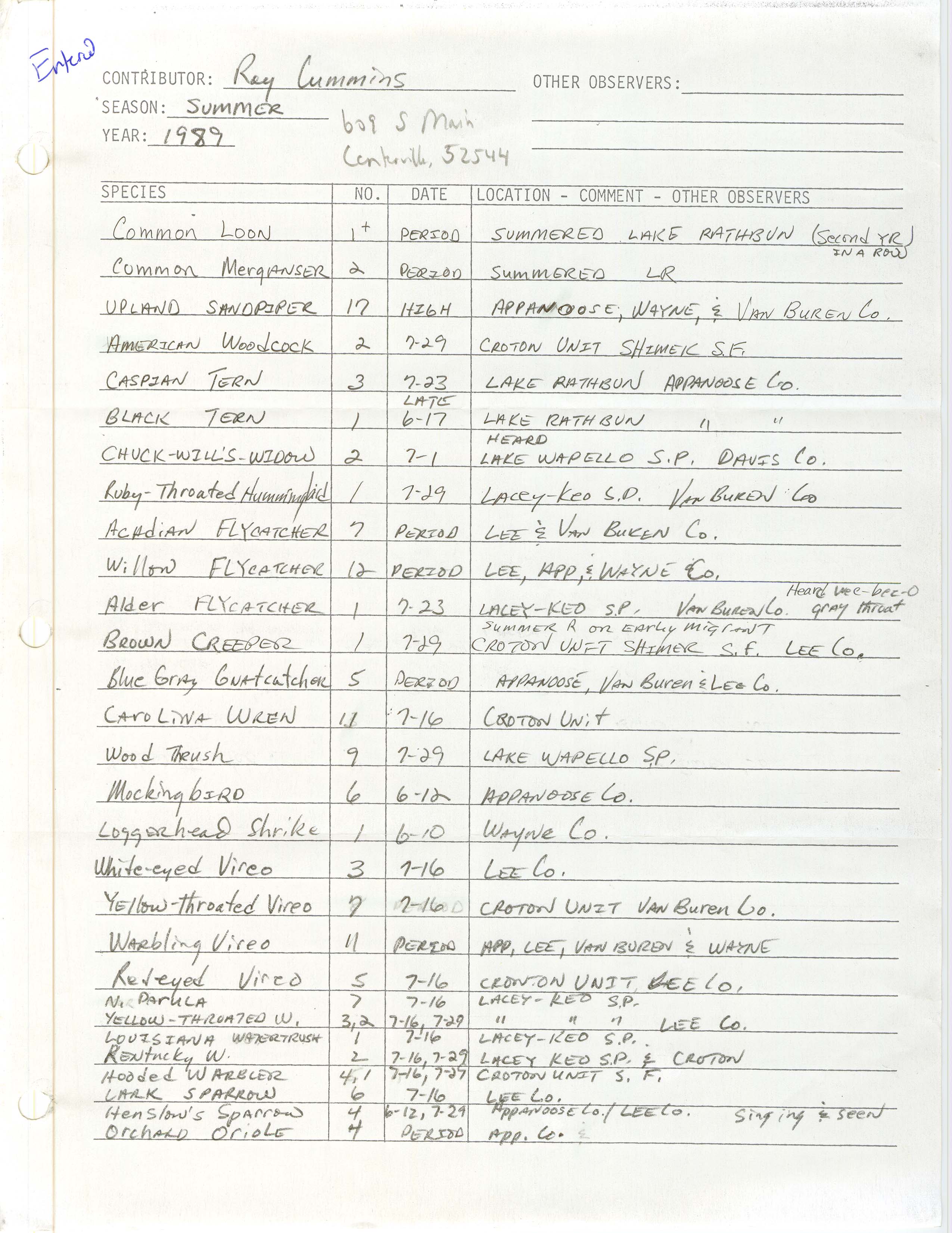 Field notes contributed by Raymond L. Cummins, summer 1989