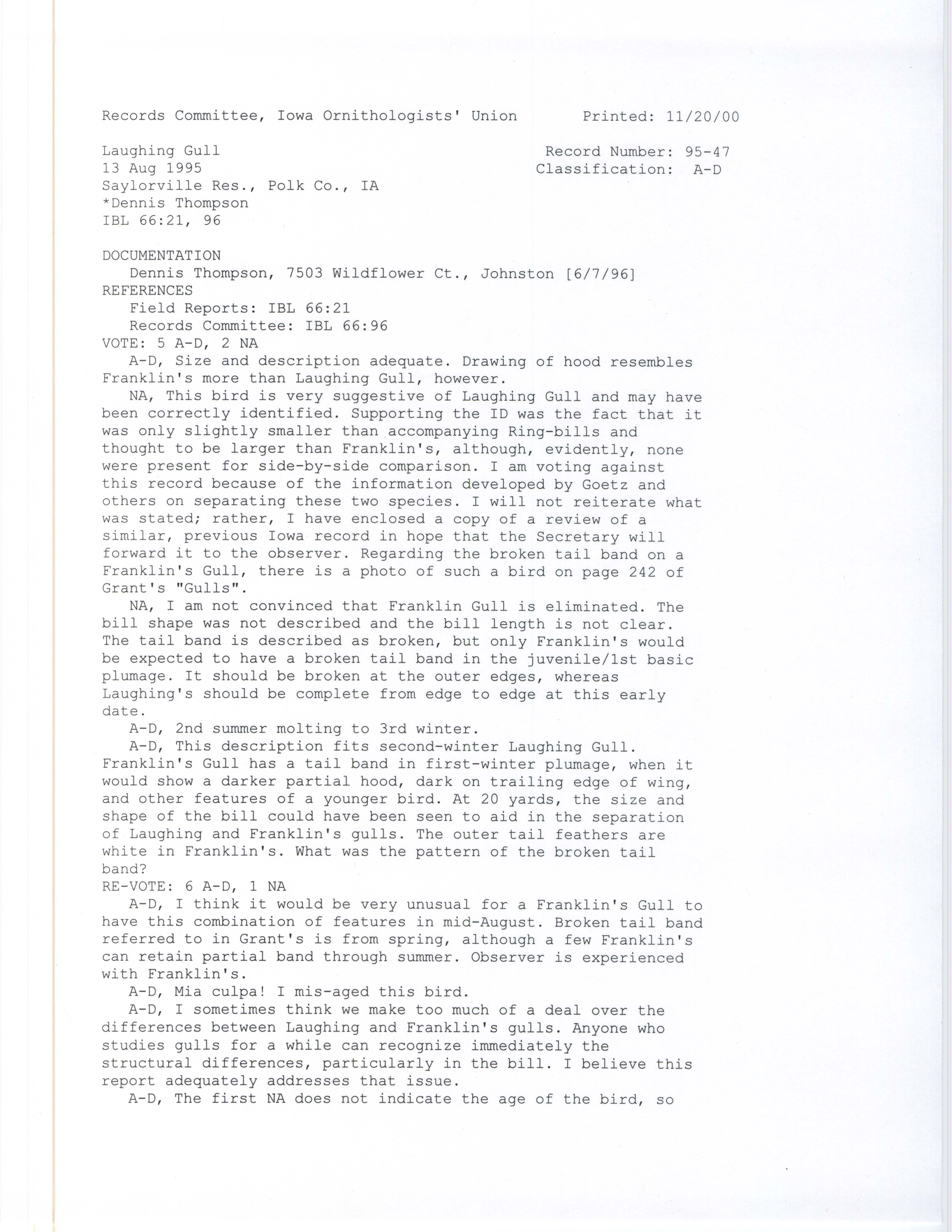 Records Committee review for rare bird sighting of Laughing Gull at Saylorville Reservoir, 1995