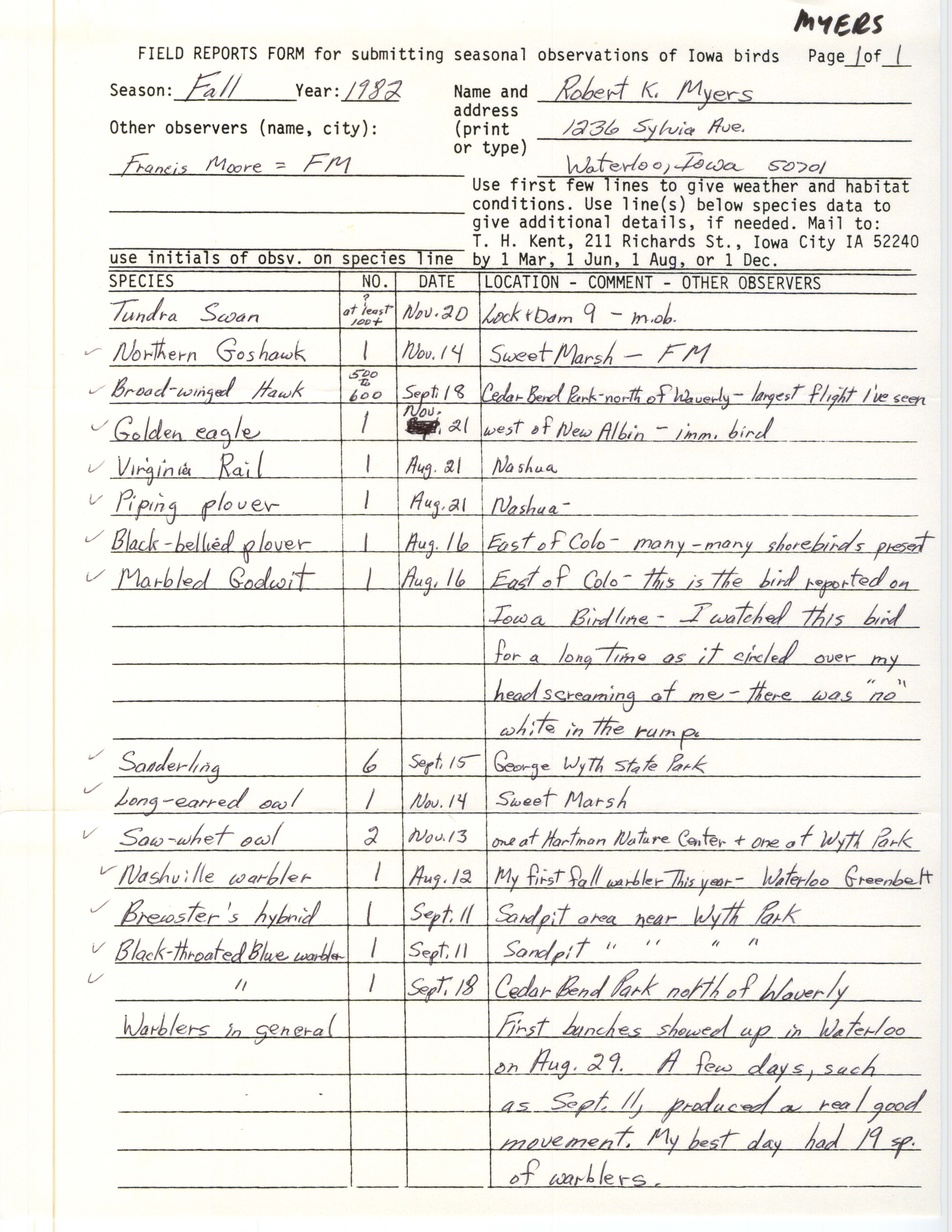 Field notes contributed by Robert K. Myers, fall 1982