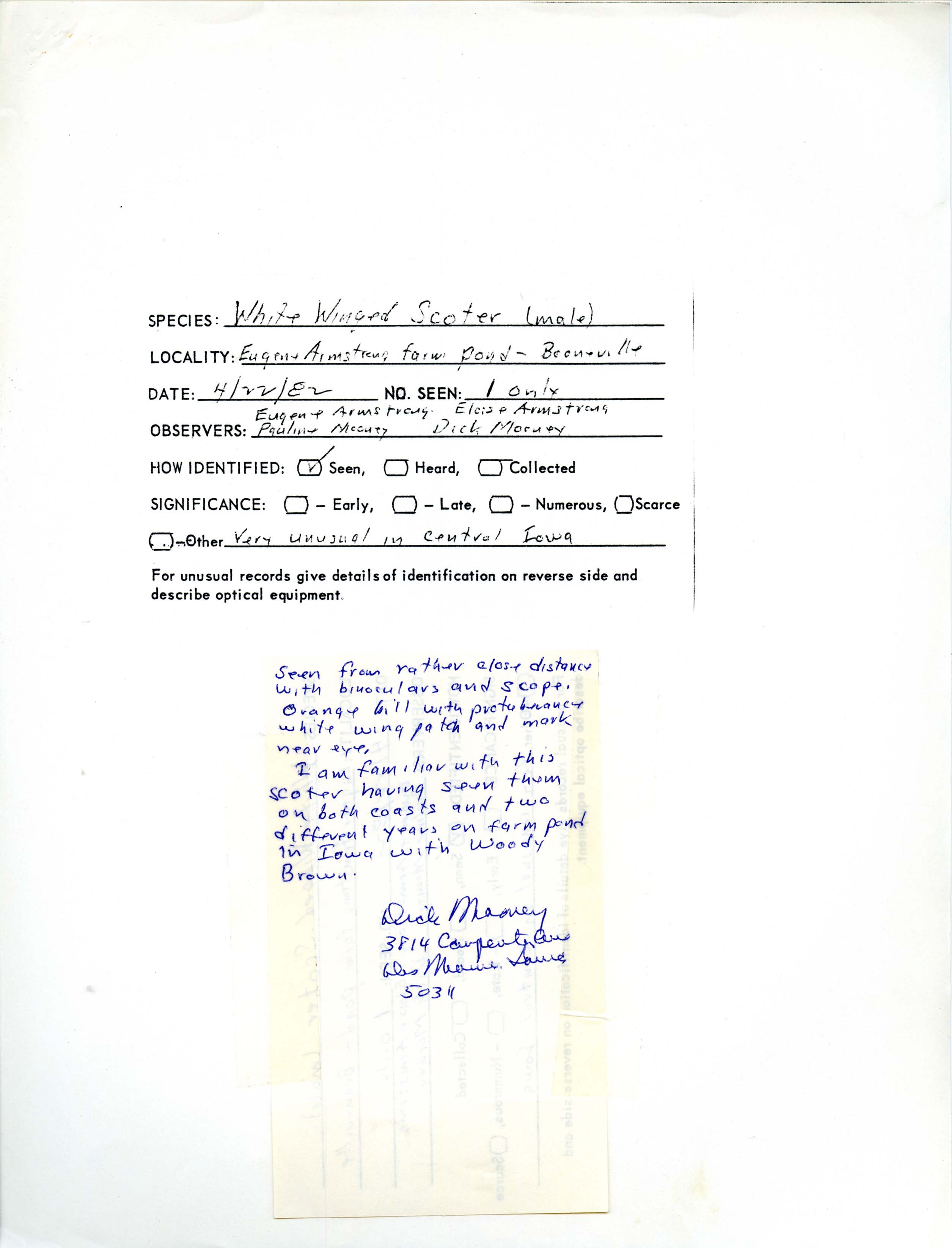 Rare bird documentation form for White-winged Scoter at Booneville in 1982