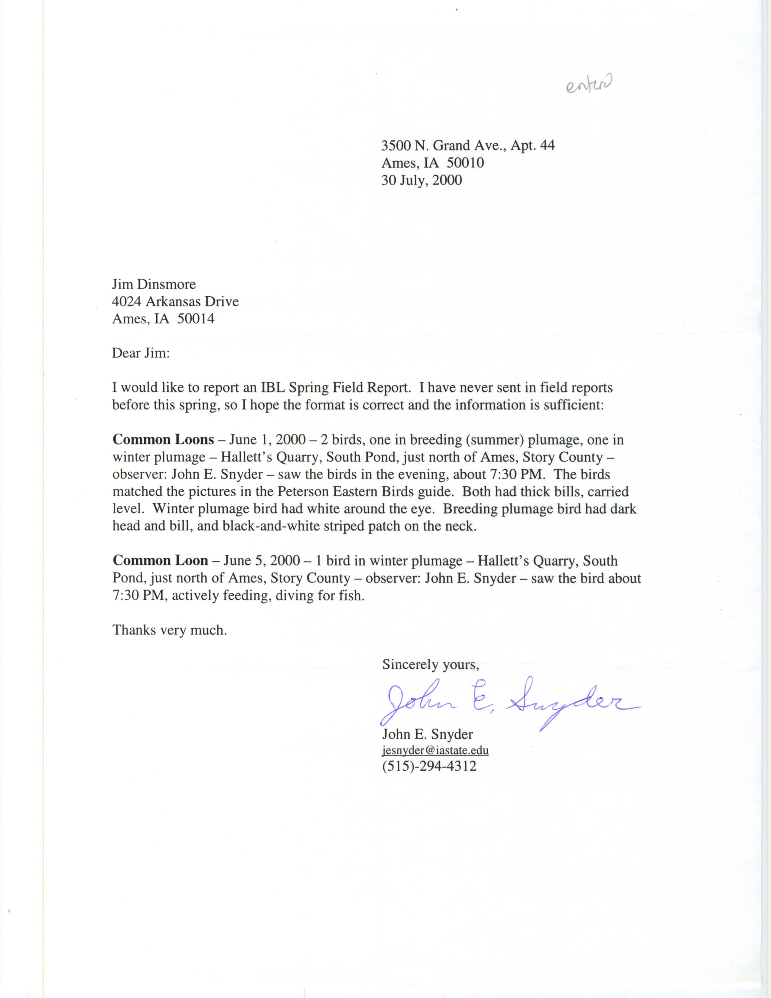 John E. Snyder letter to James J. Dinsmore regarding Common Loon sightings, July 30, 2000