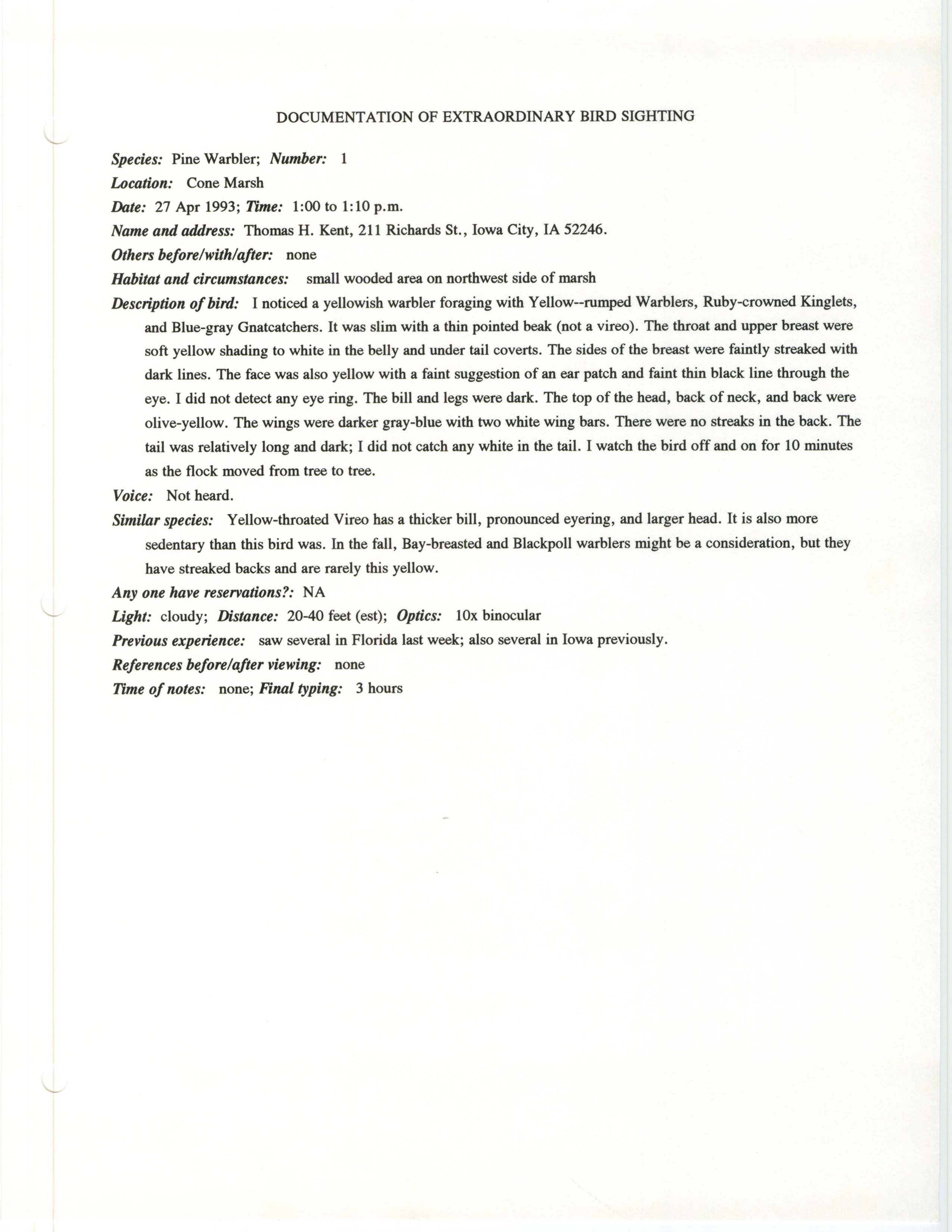 Rare bird documentation form for Pine Warbler at Cone Marsh, 1993