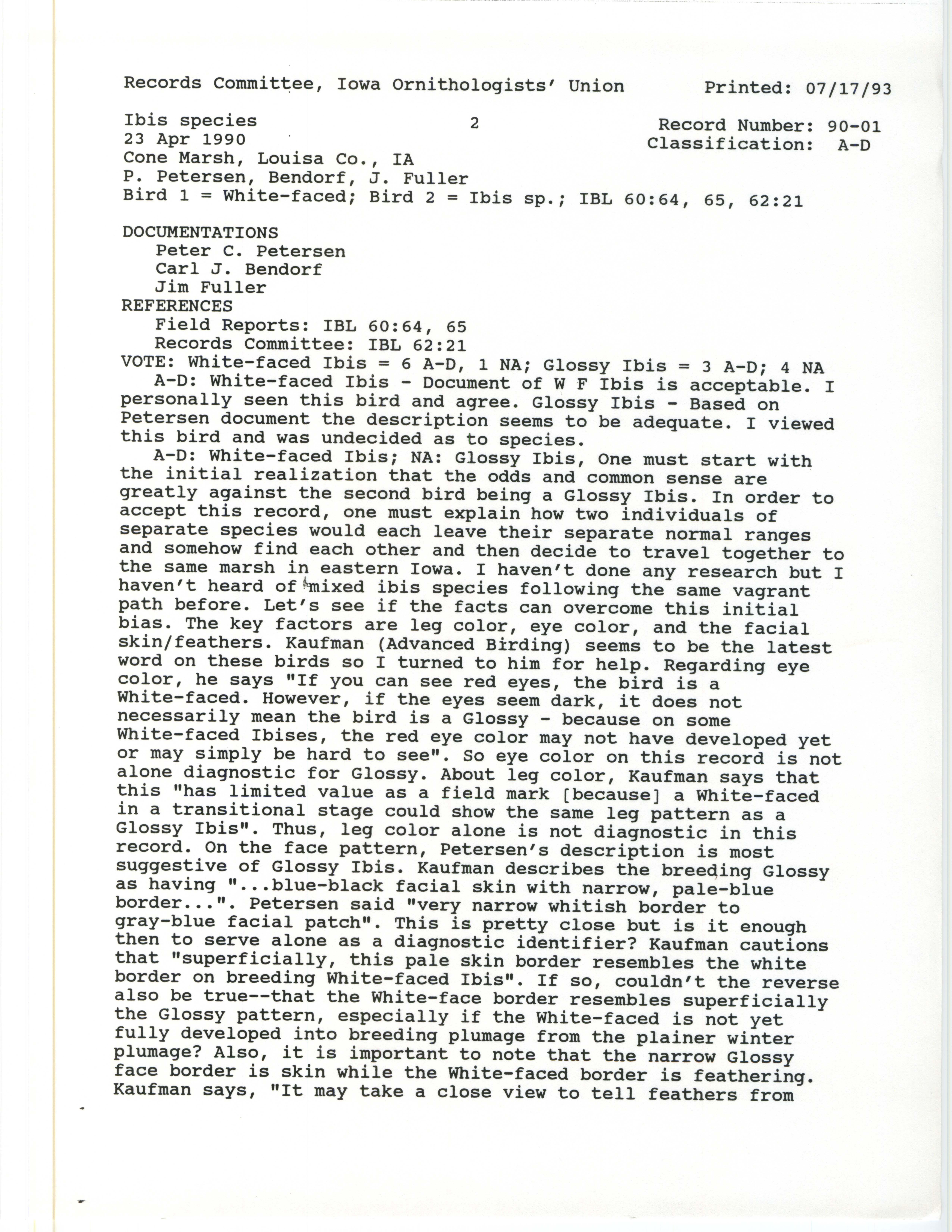 Records Committee review for rare bird sighting of Ibis Species at Cone Marsh, 1990