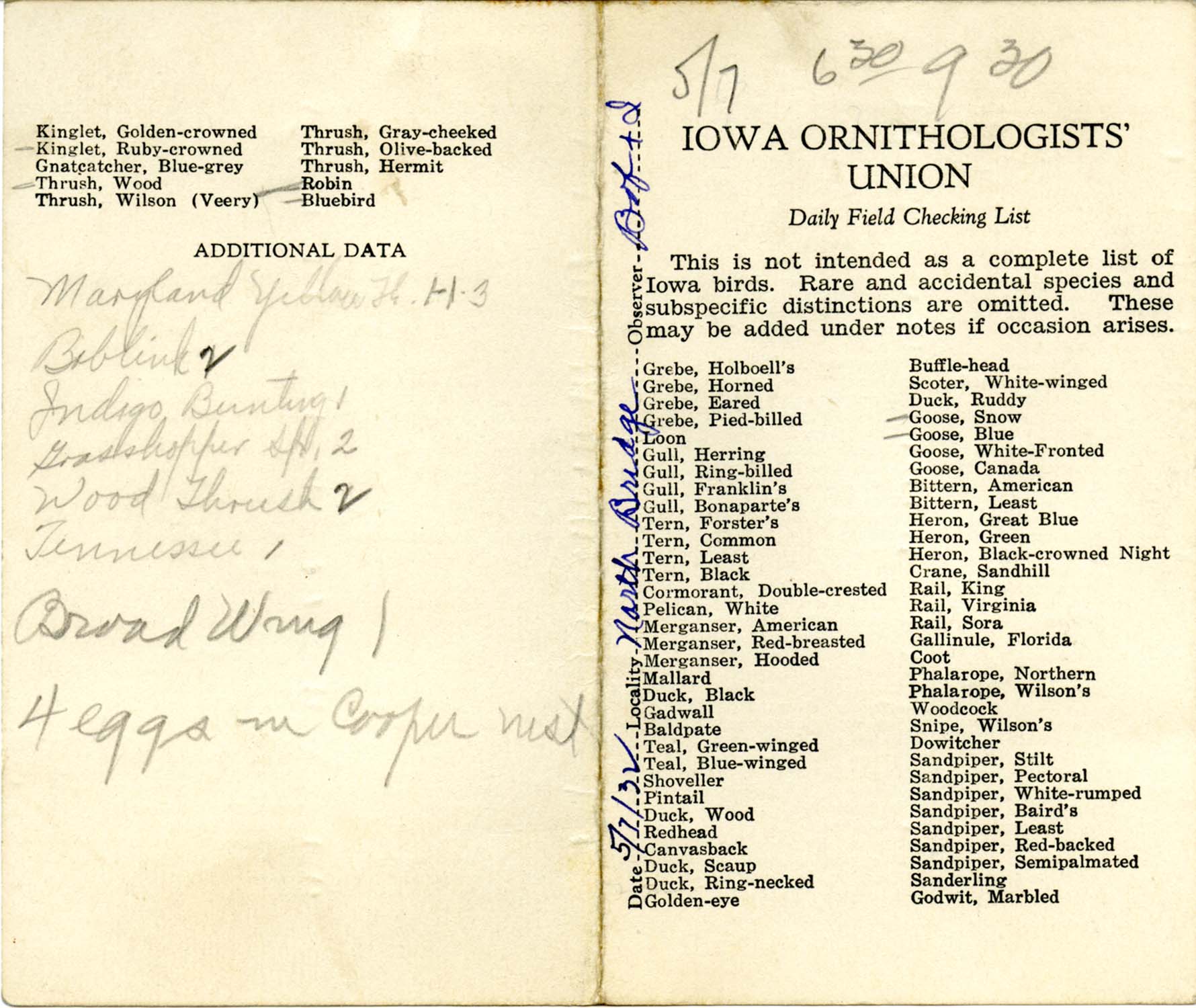 Daily field checking list, Walter Rosene, May 7, 1932