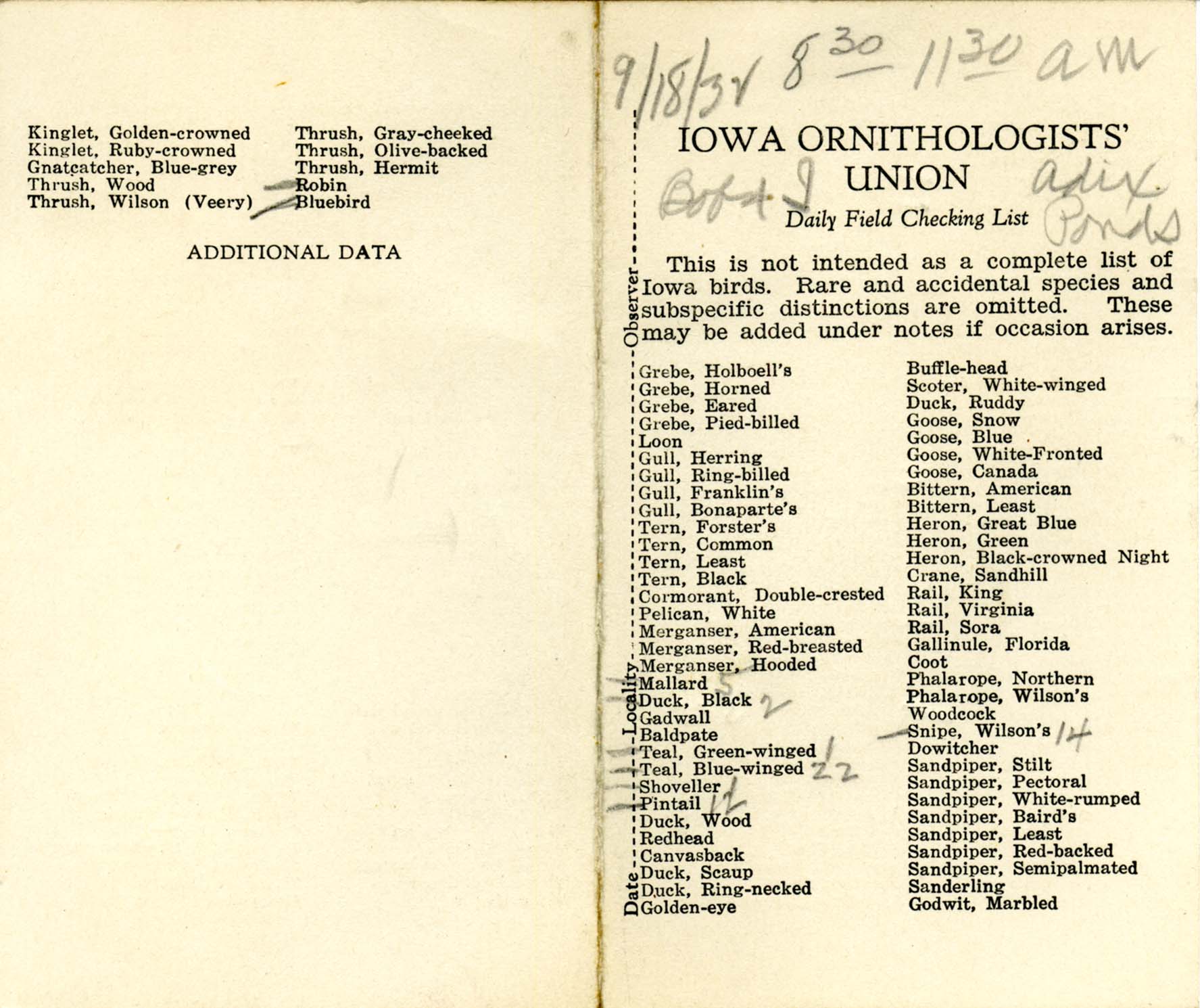 Daily field checking list, Walter Rosene, September 18, 1932