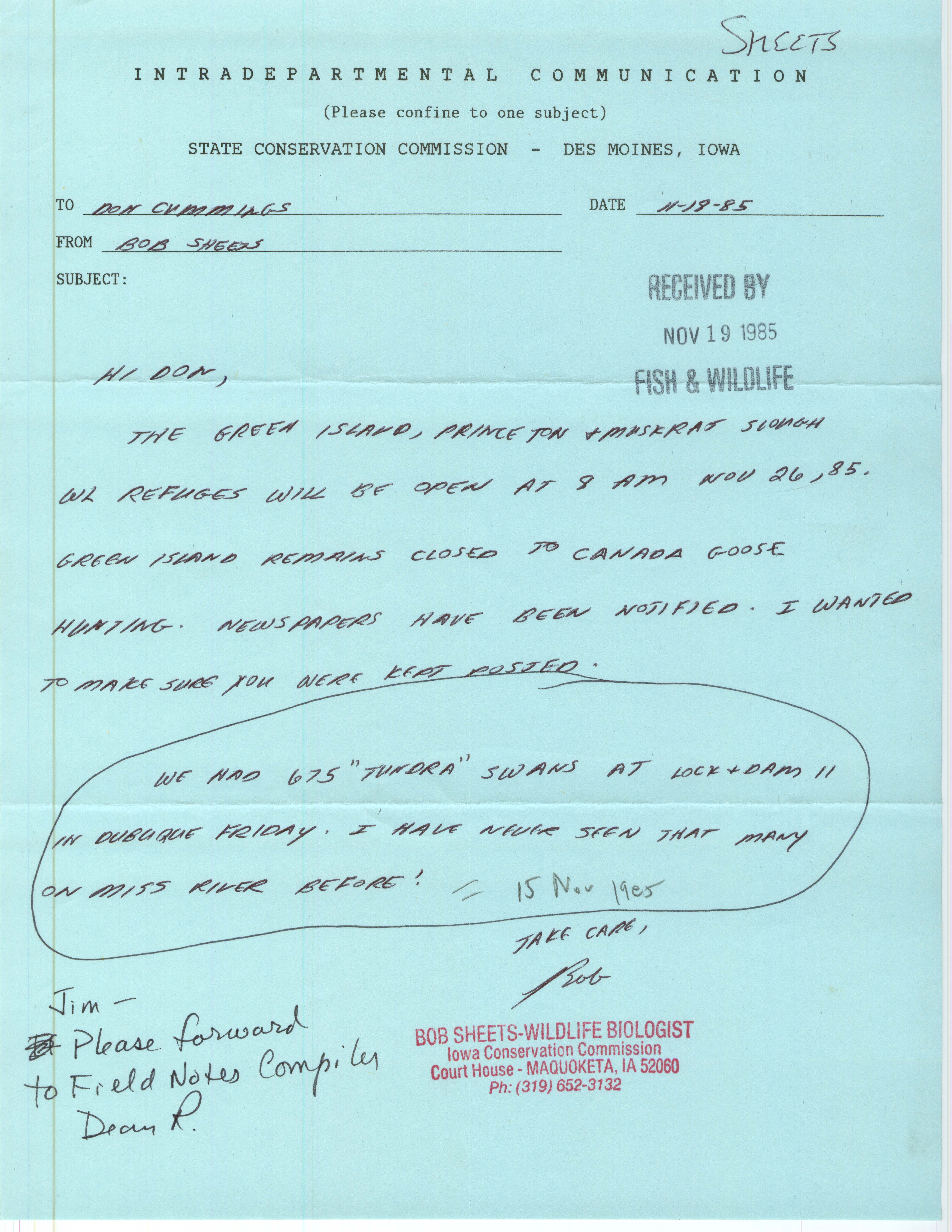 Bob Sheets letter to Don Cummings regarding hunting areas, November 18, 1985