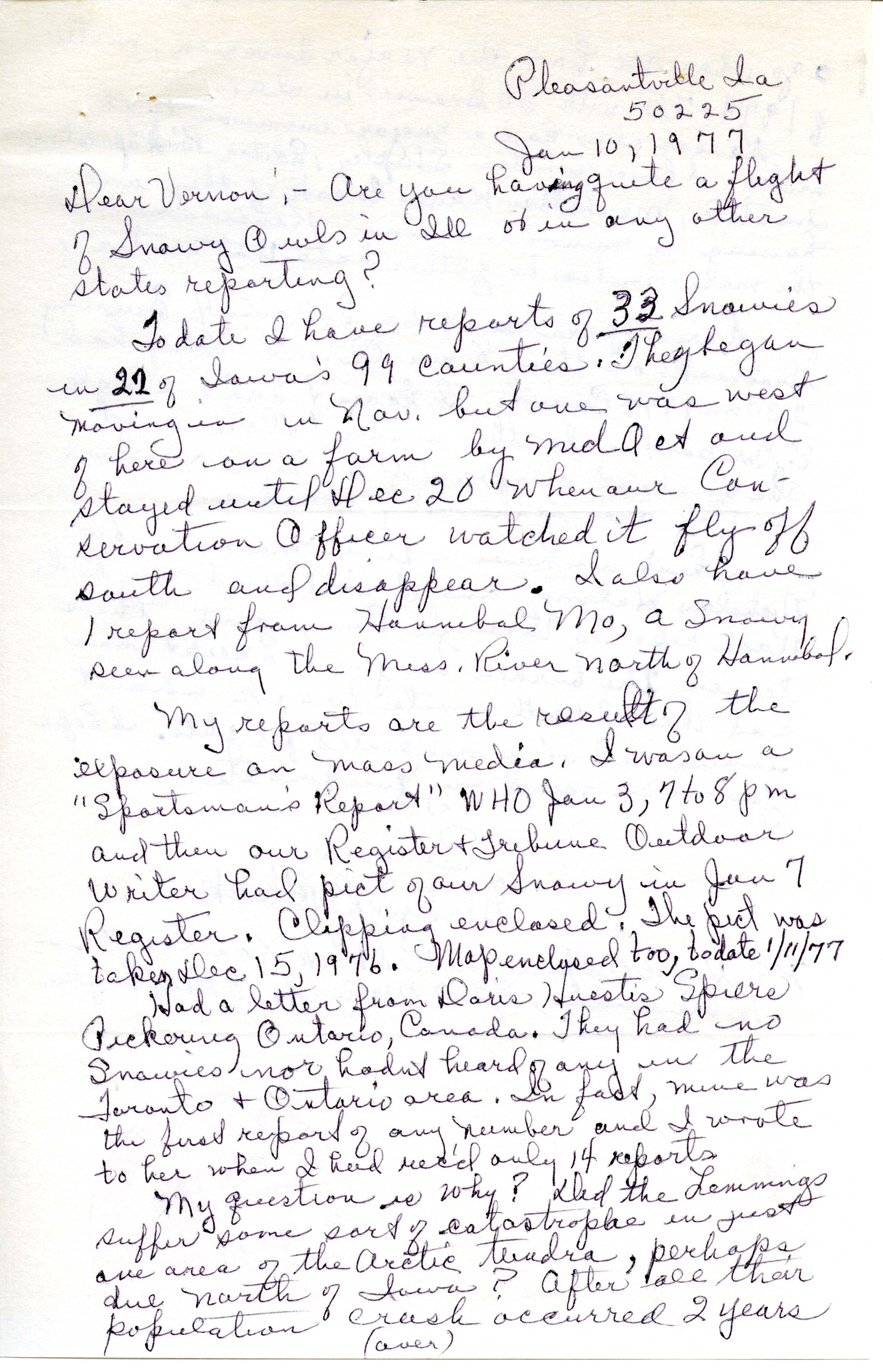 Gladys Black letter to Vernon M. Kleen regarding bird sightings, January 10, 1977