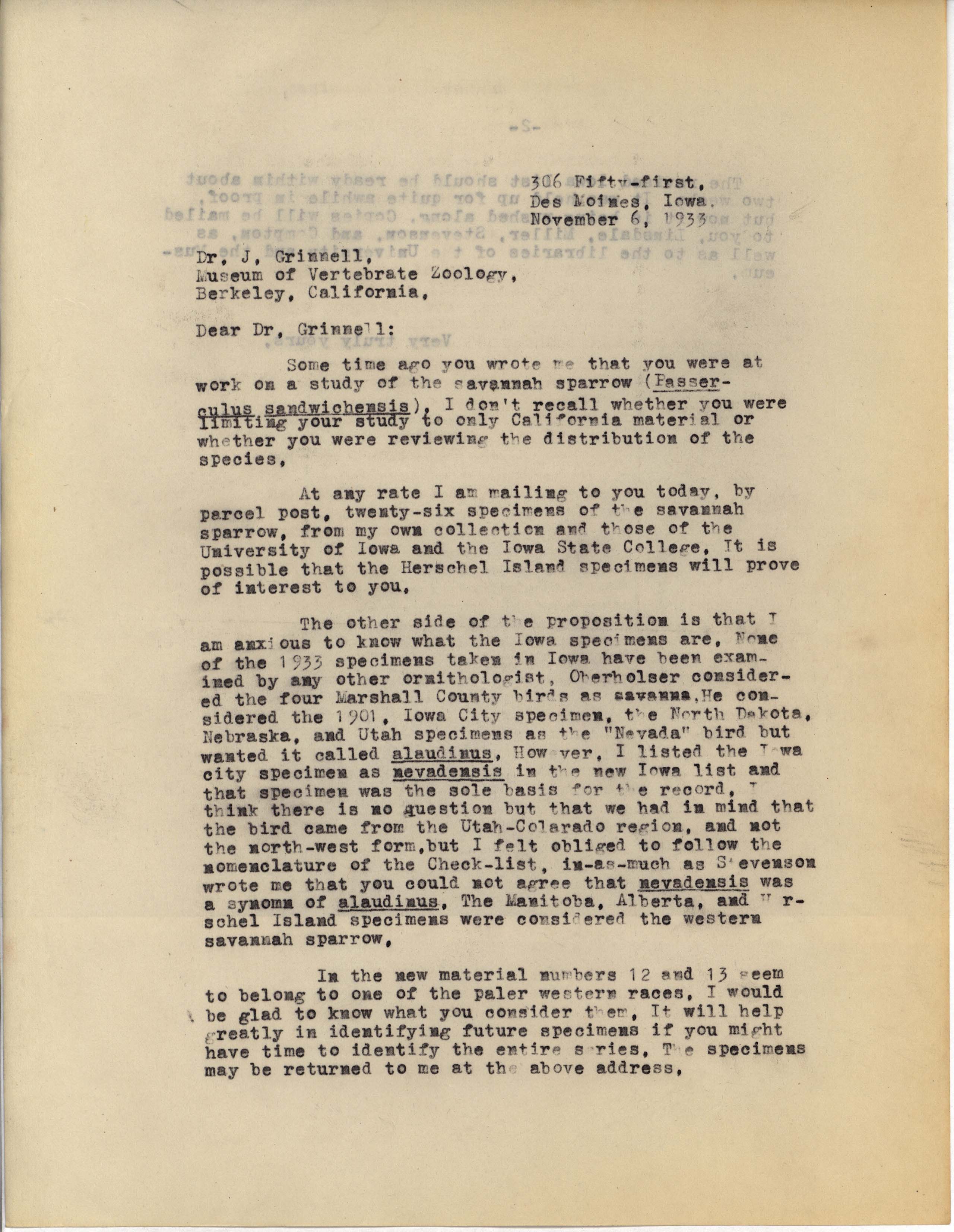 Philip DuMont letter to Joseph Grinnell regarding Savannah Sparrow identification, November 6, 1933