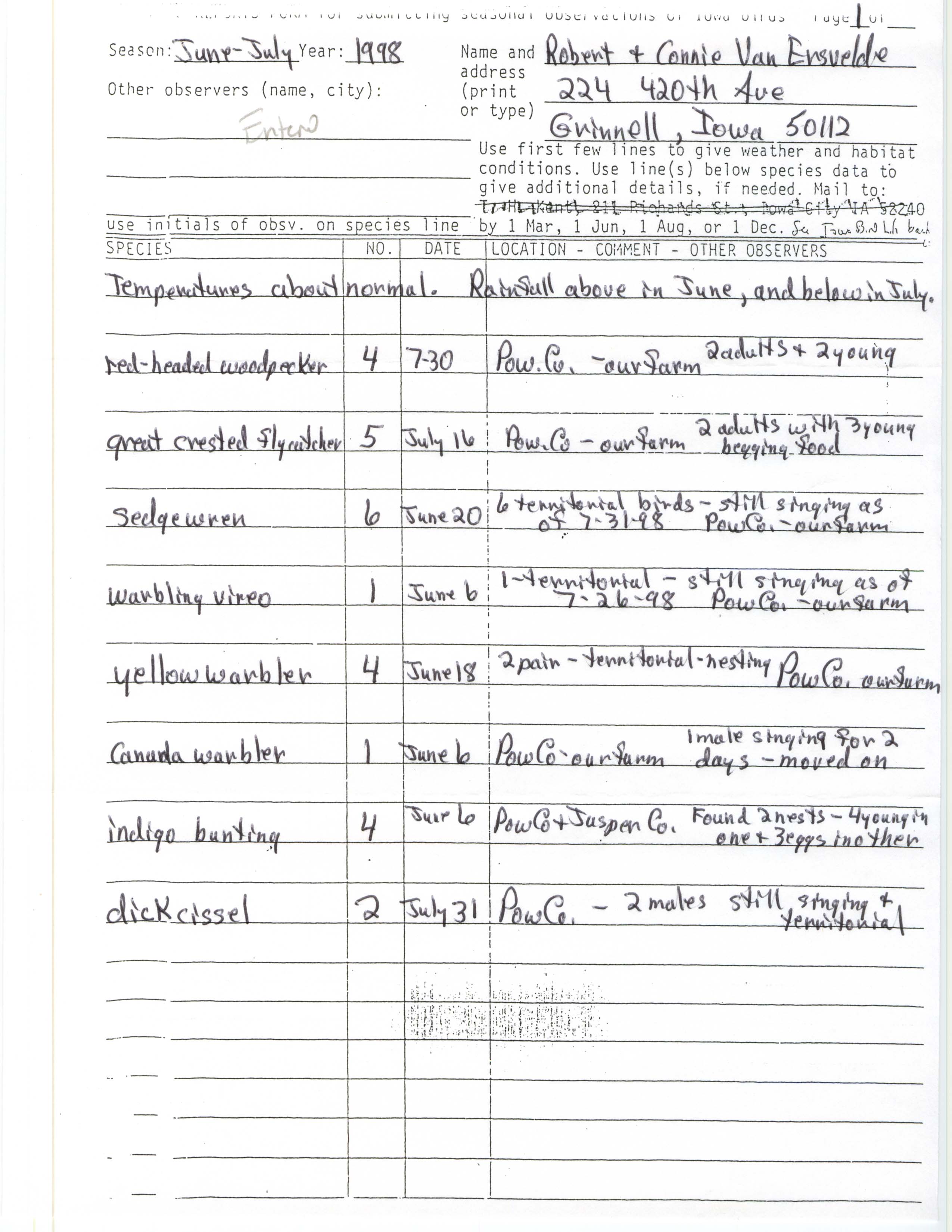 Field reports form for submitting seasonal observations of Iowa birds, Robert & Connie VanErsvelde, June-July 1998
