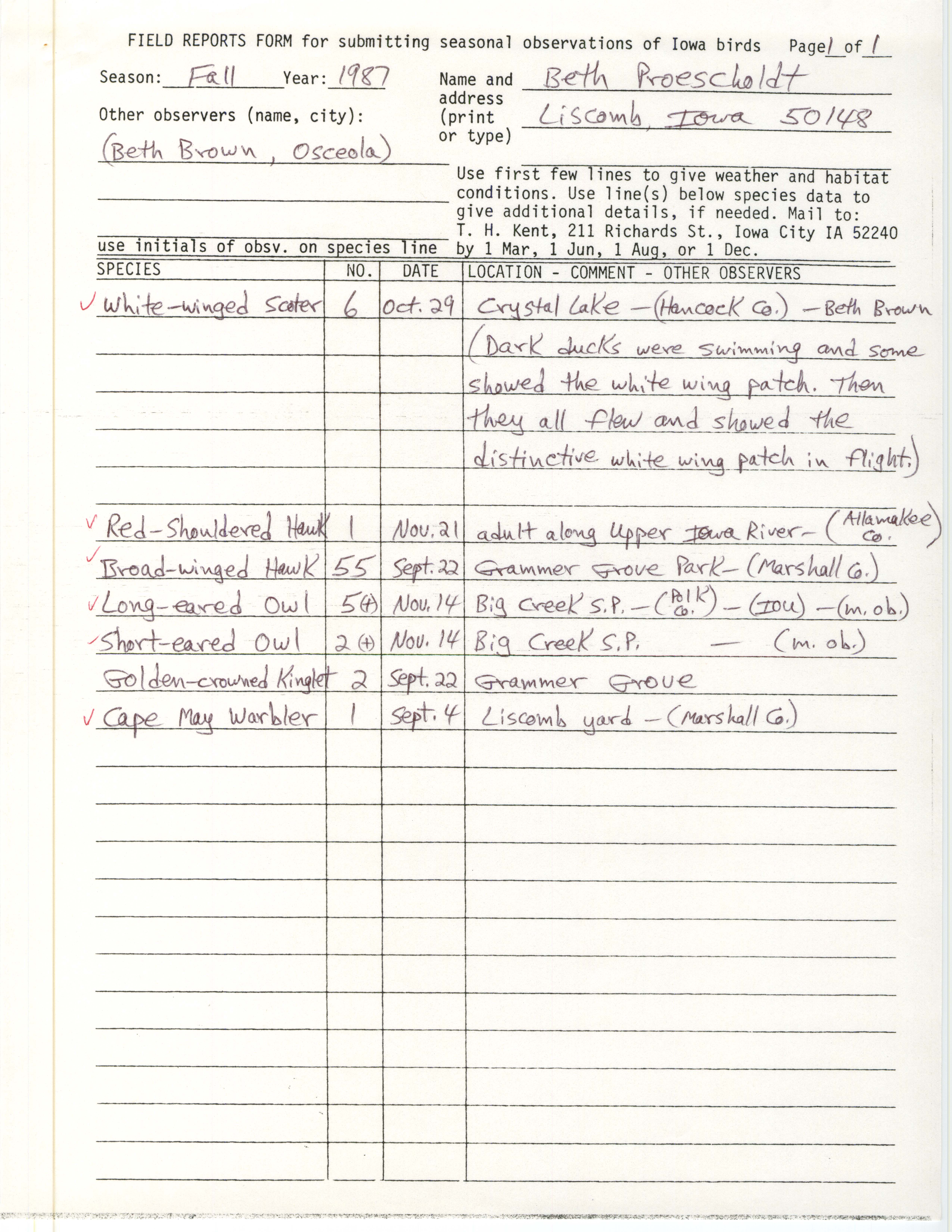 Field reports form for submitting seasonal observations of Iowa birds, Beth Proescholdt, fall 1987