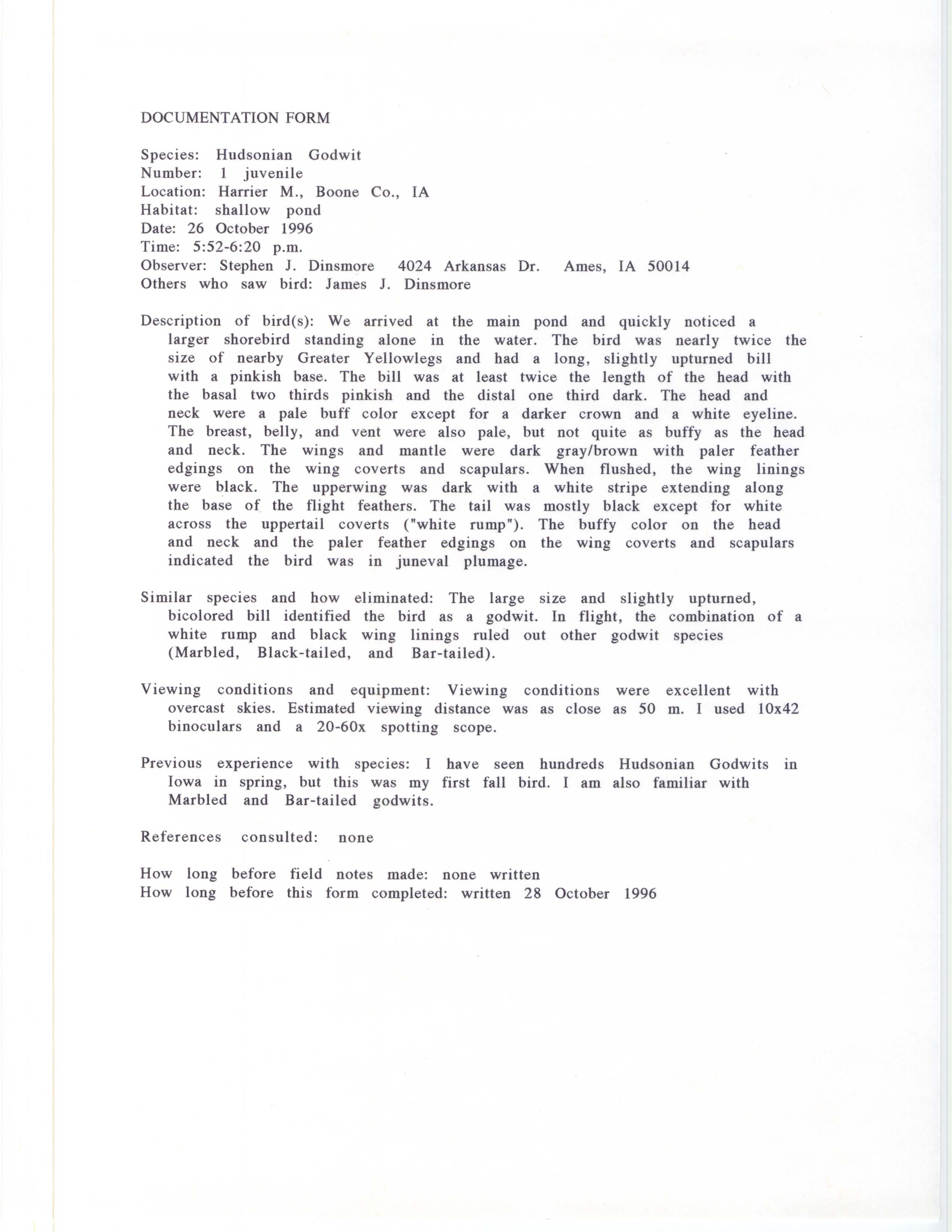 Rare bird documentation form for Hudsonian Godwit at Harrier Marsh, 1996