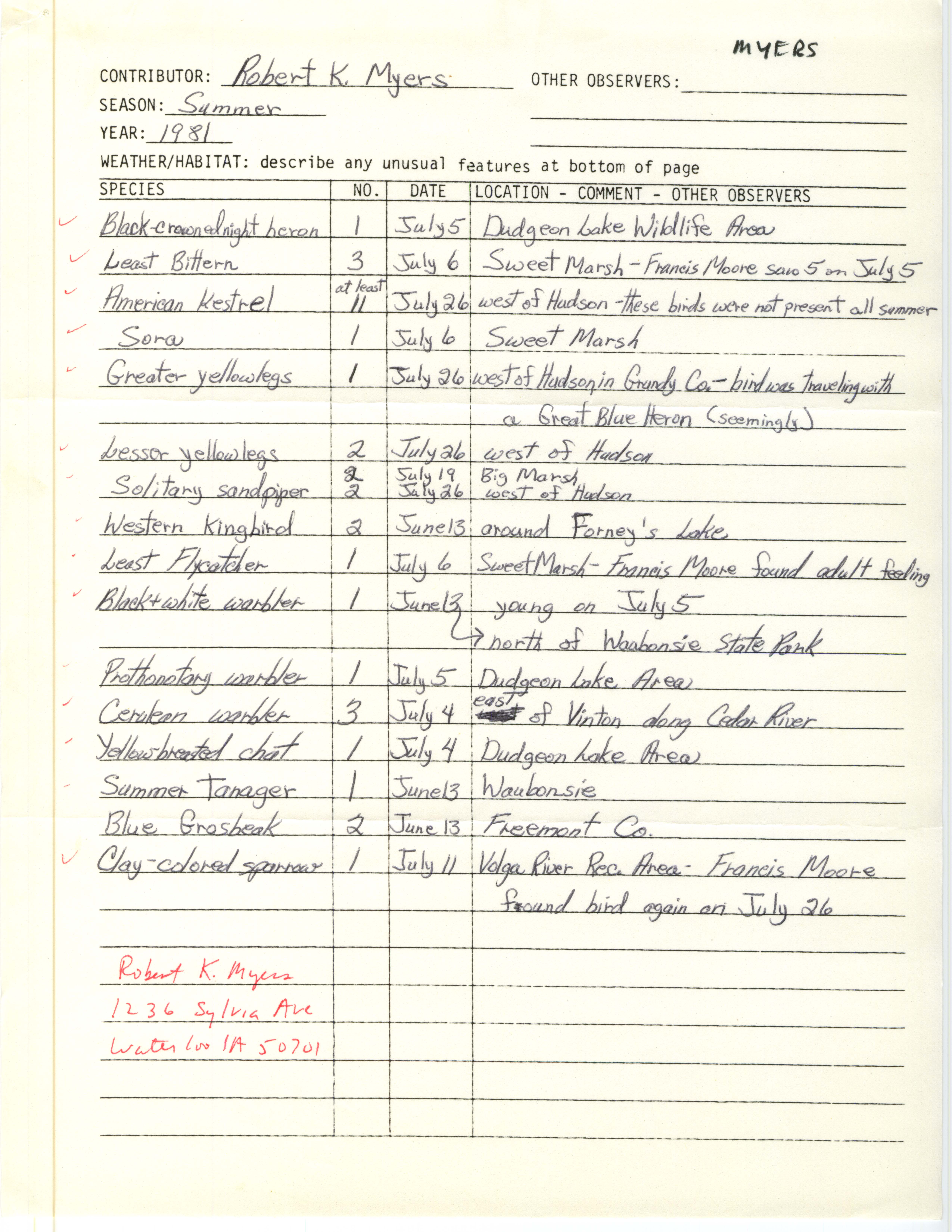 Field notes contributed by Robert K. Myers with verifying documentation, summer 1981