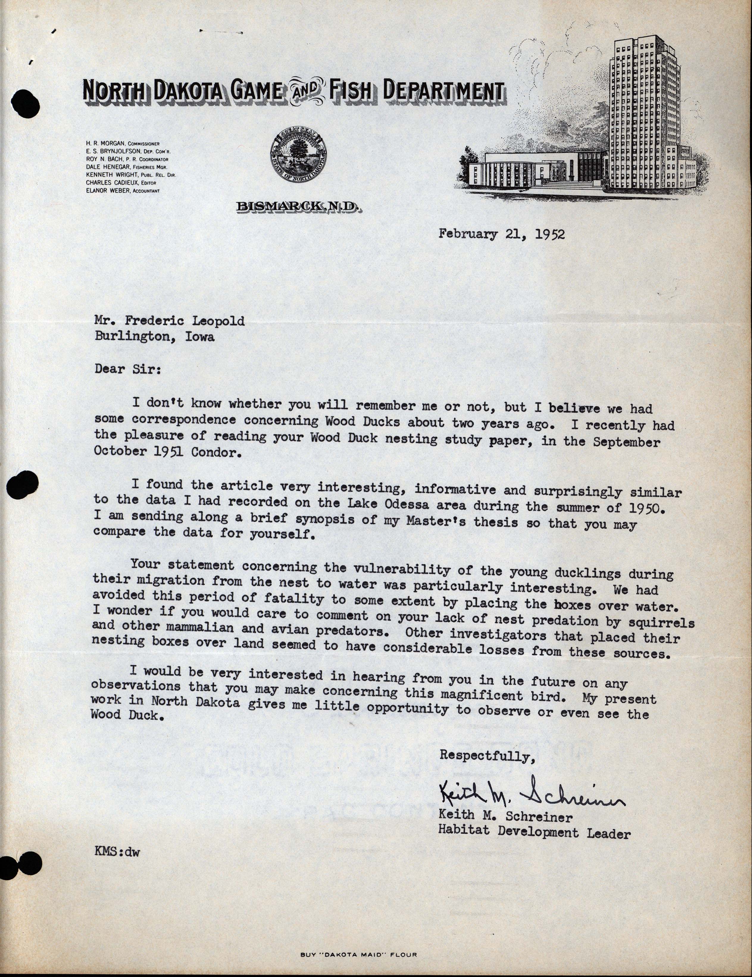 Keith M. Schreiner letter to Frederic Leopold regarding a Wood Duck nesting study paper, February 21, 1952