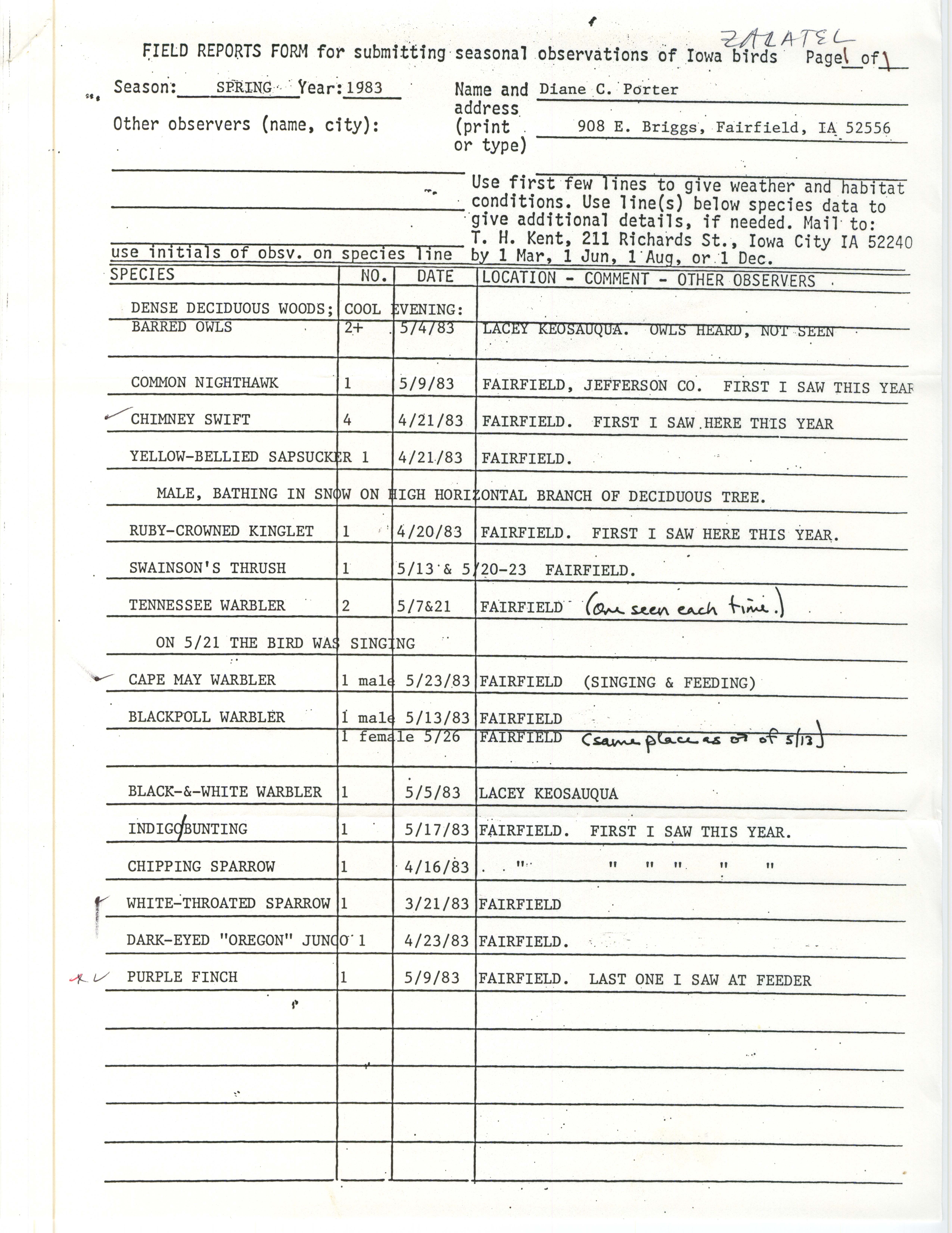 Field reports form for submitting seasonal observations of Iowa birds with verifying documentation, Diane C. Porter, spring 1983