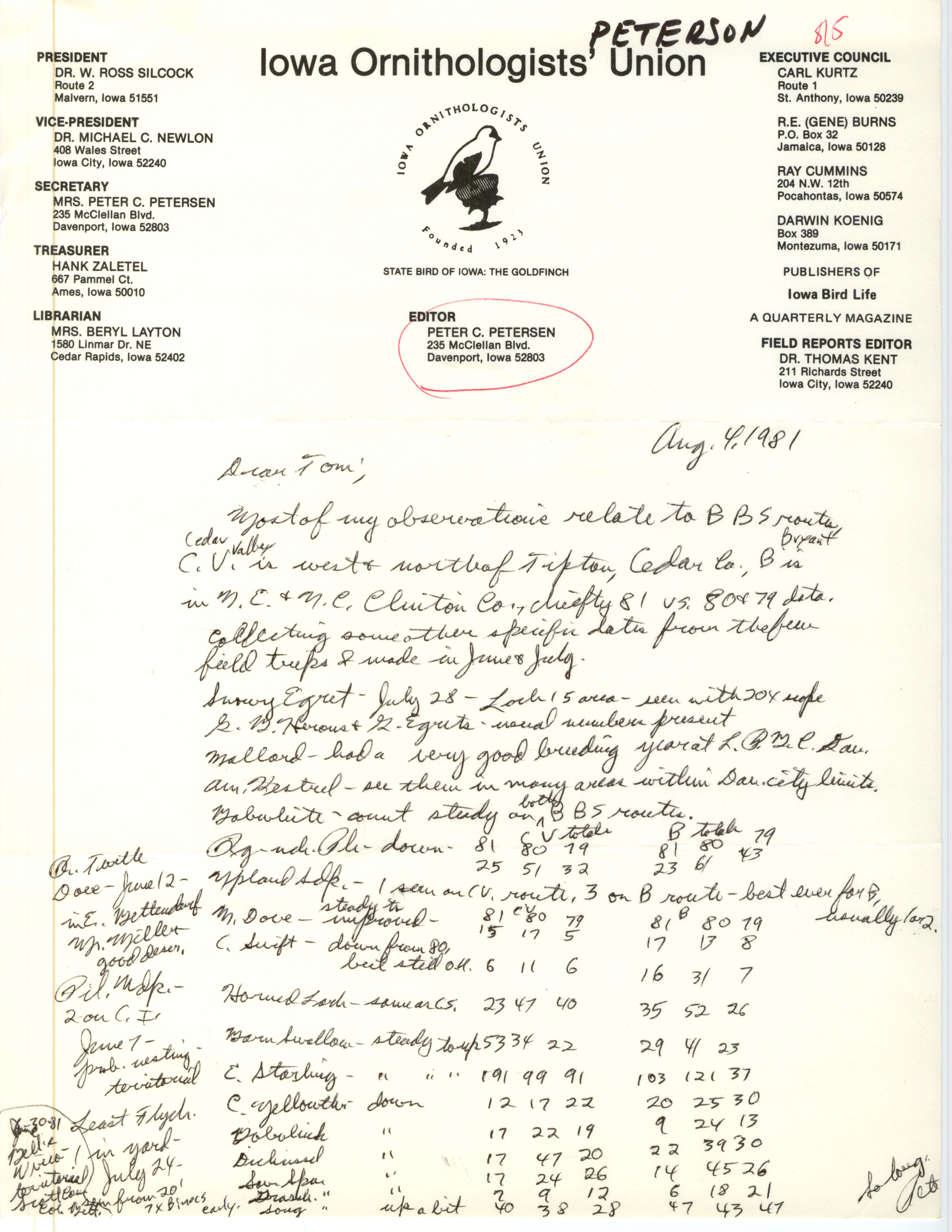 Peter C. Petersen letter to Thomas H. Kent regarding summer bird sightings, August 4, 1981