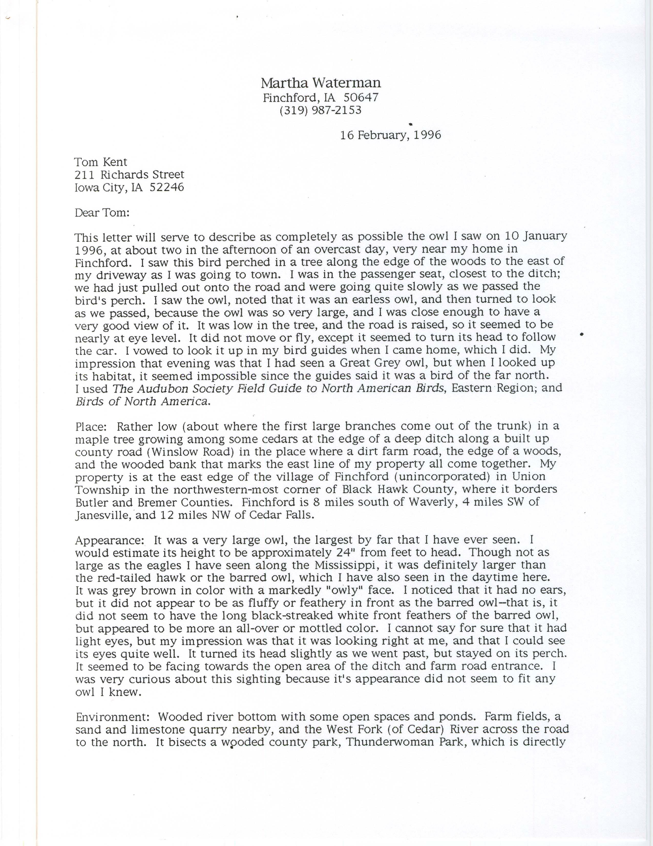 Martha Waterman letter to Thomas H. Kent regarding a possible Great Gray Owl sighting, February 16, 1996