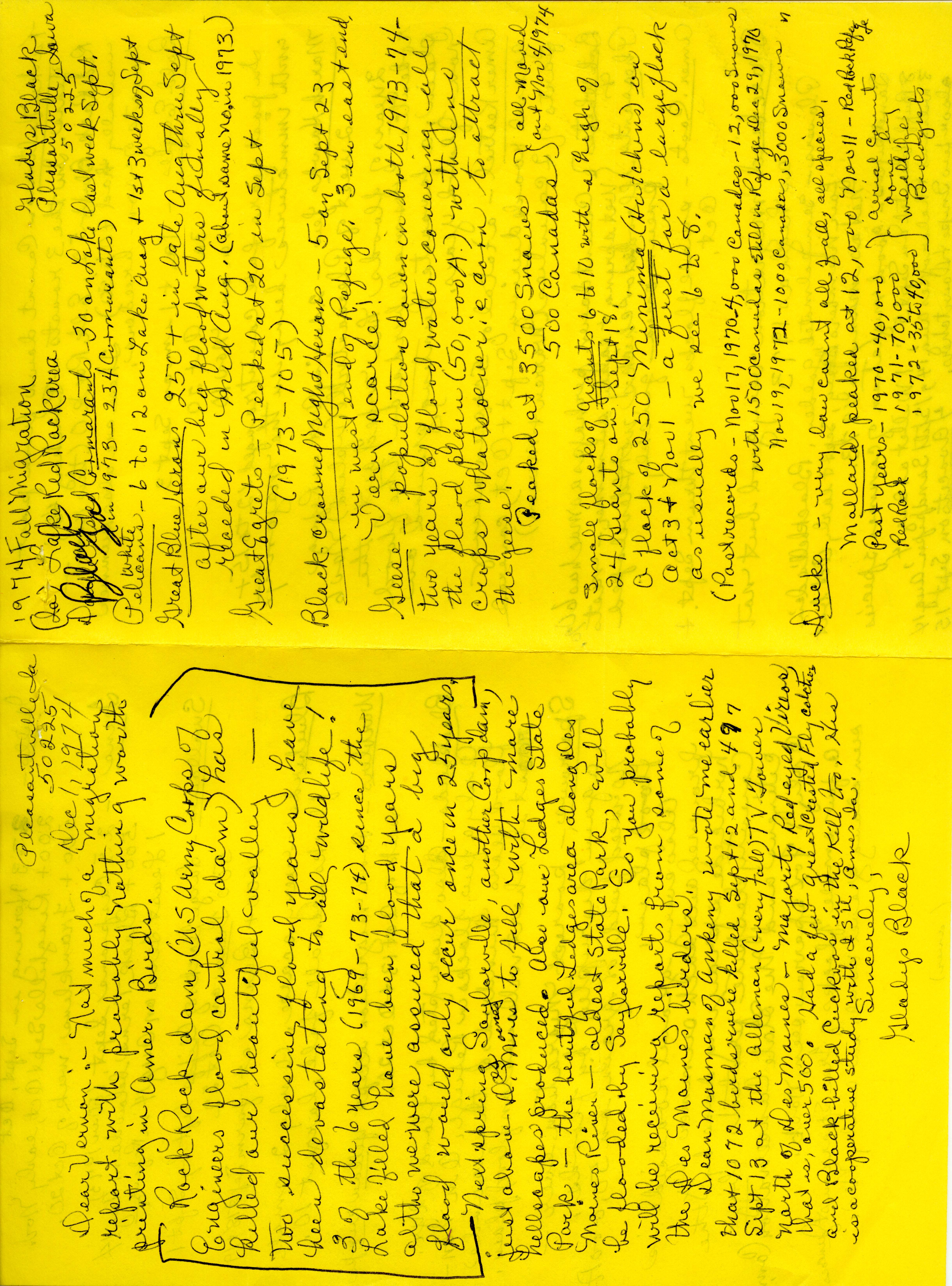 Gladys Black letters to Vernon M. Kleen regarding fall migration and nesting season, 1974