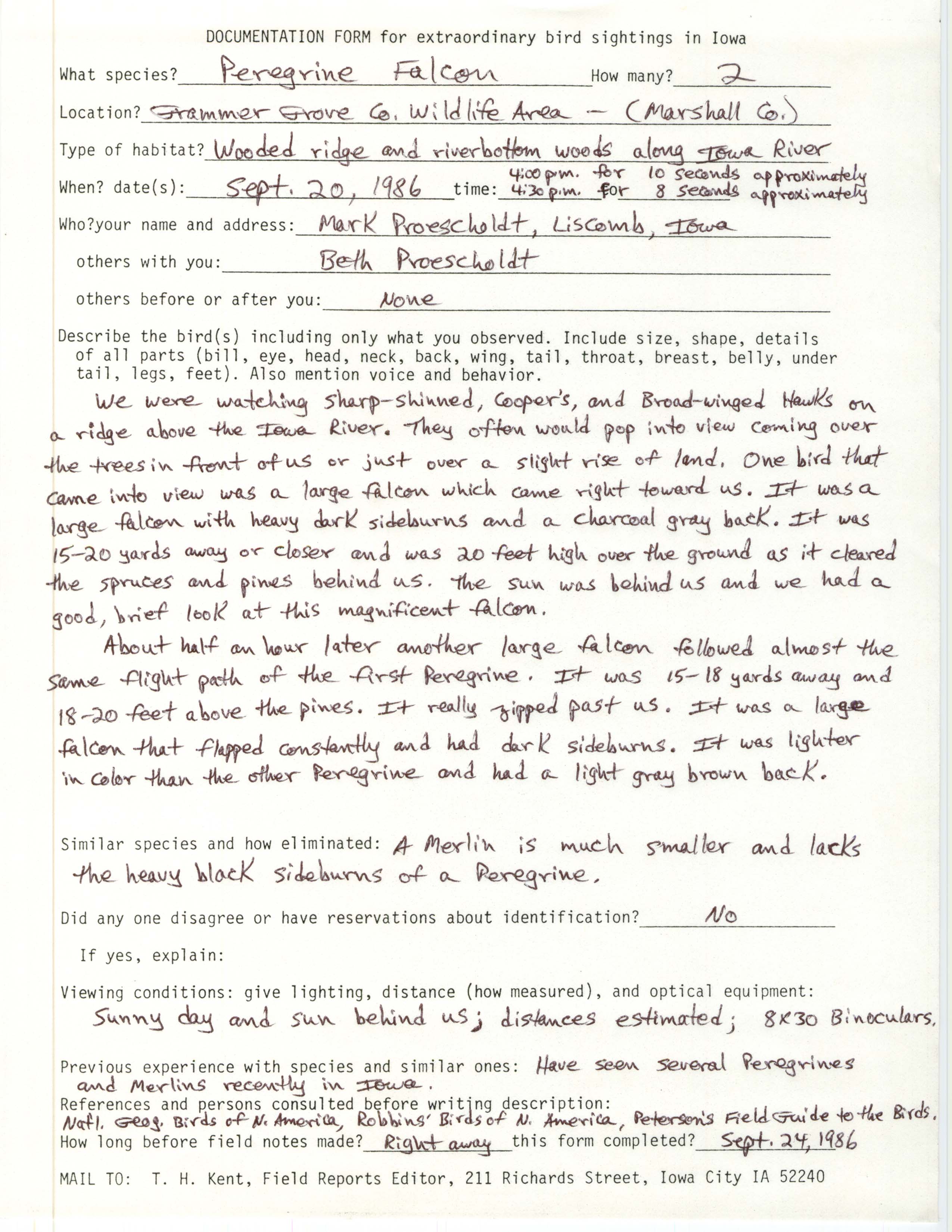 Rare bird documentation form for Peregrine Falcon at Grammer Grove County Wildlife Area, 1986