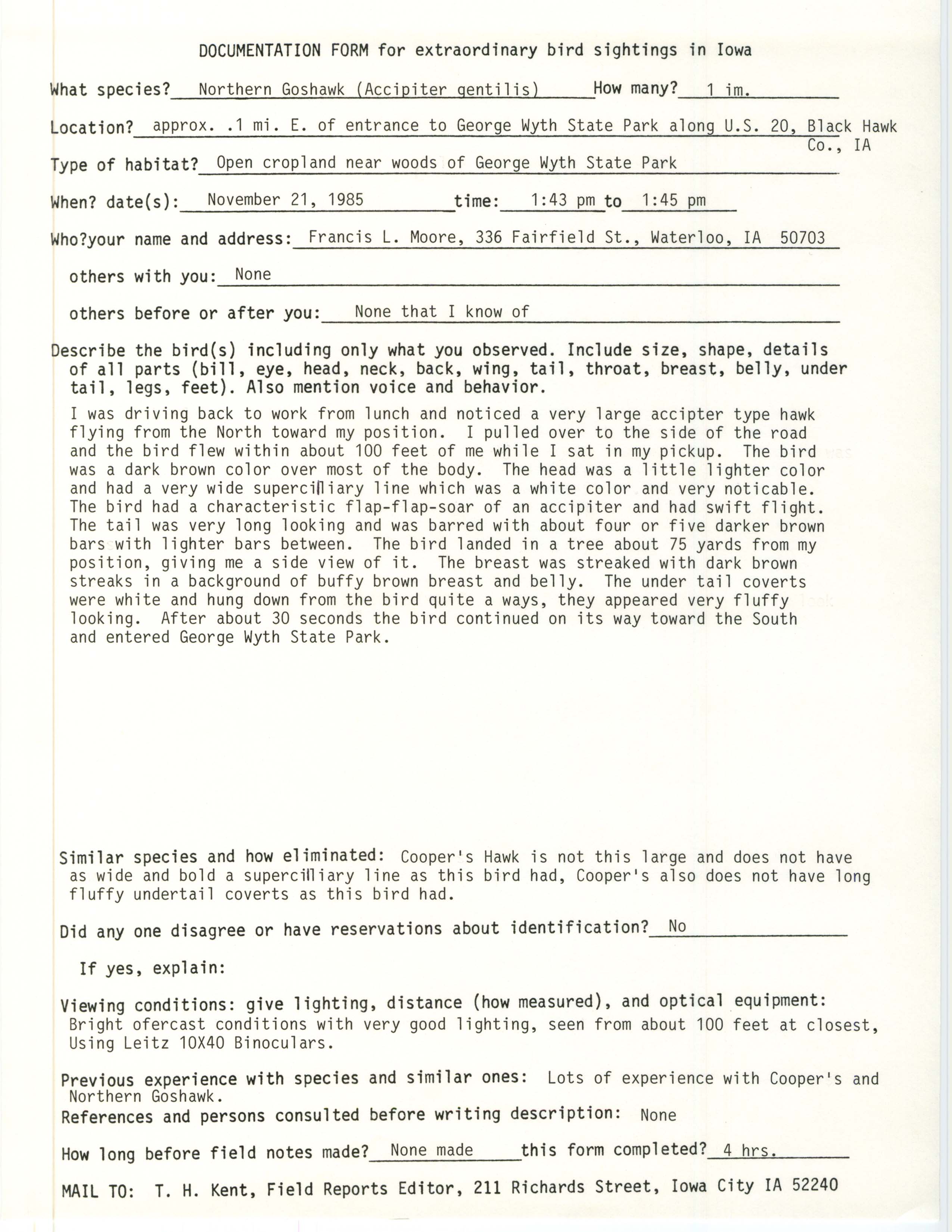 Rare bird documentation form for Northern Goshawk at George Wyth State Park, 1985