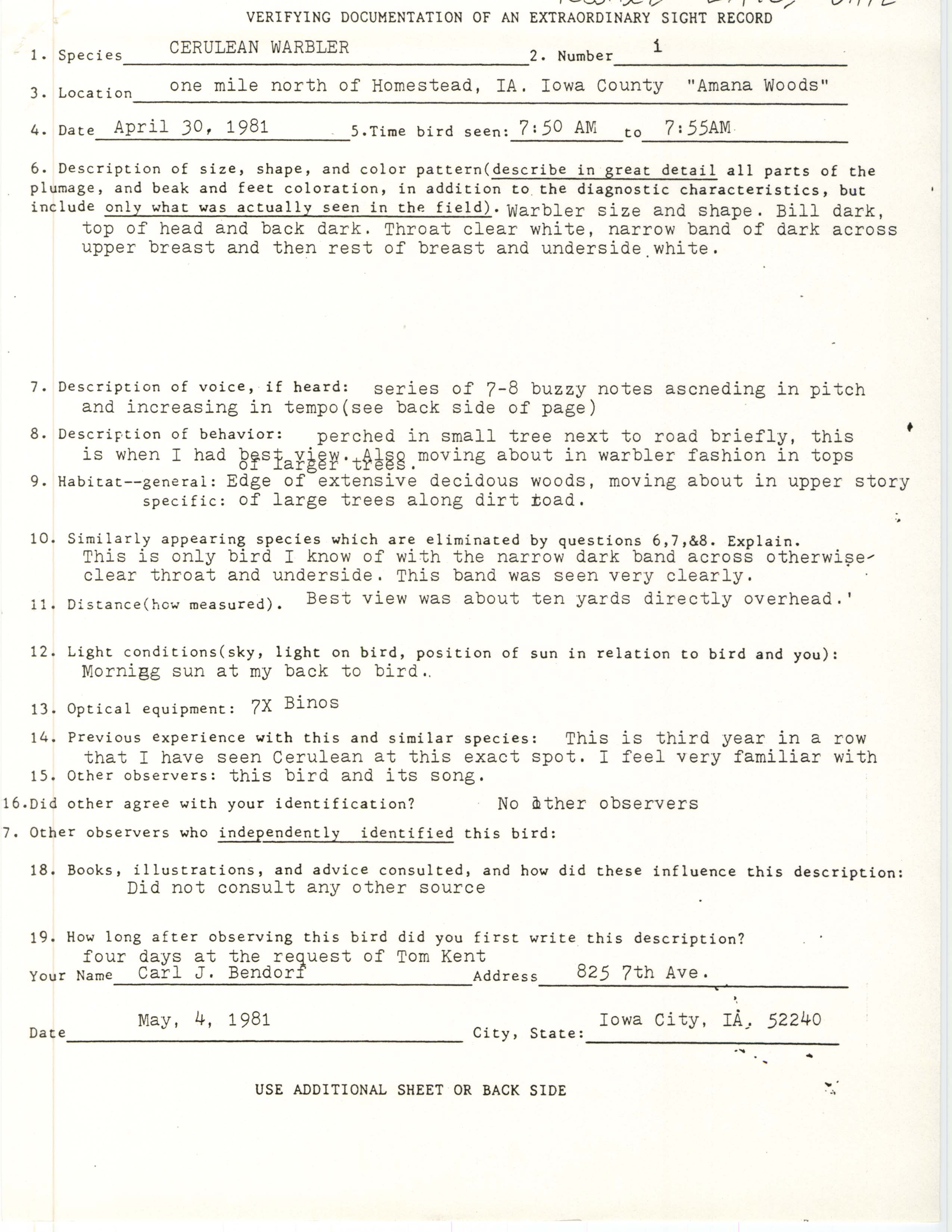 Rare bird documentation form for Cerulean Warbler at Amana Woods, 1981
