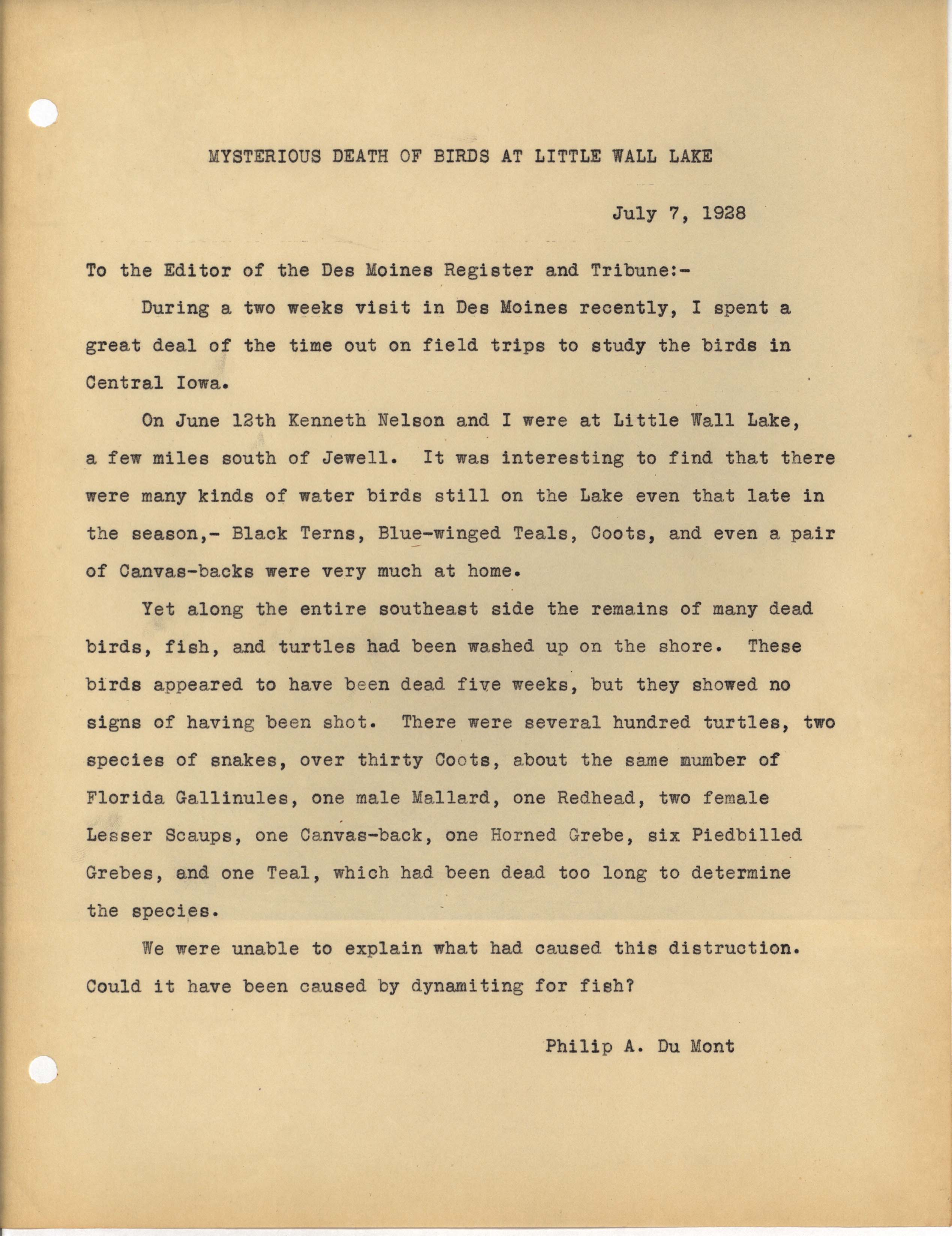 Philip DuMont letter to the editor of the Des Moines Register and Tribune regarding dead birds at Little Wall Lake, July 7, 1928