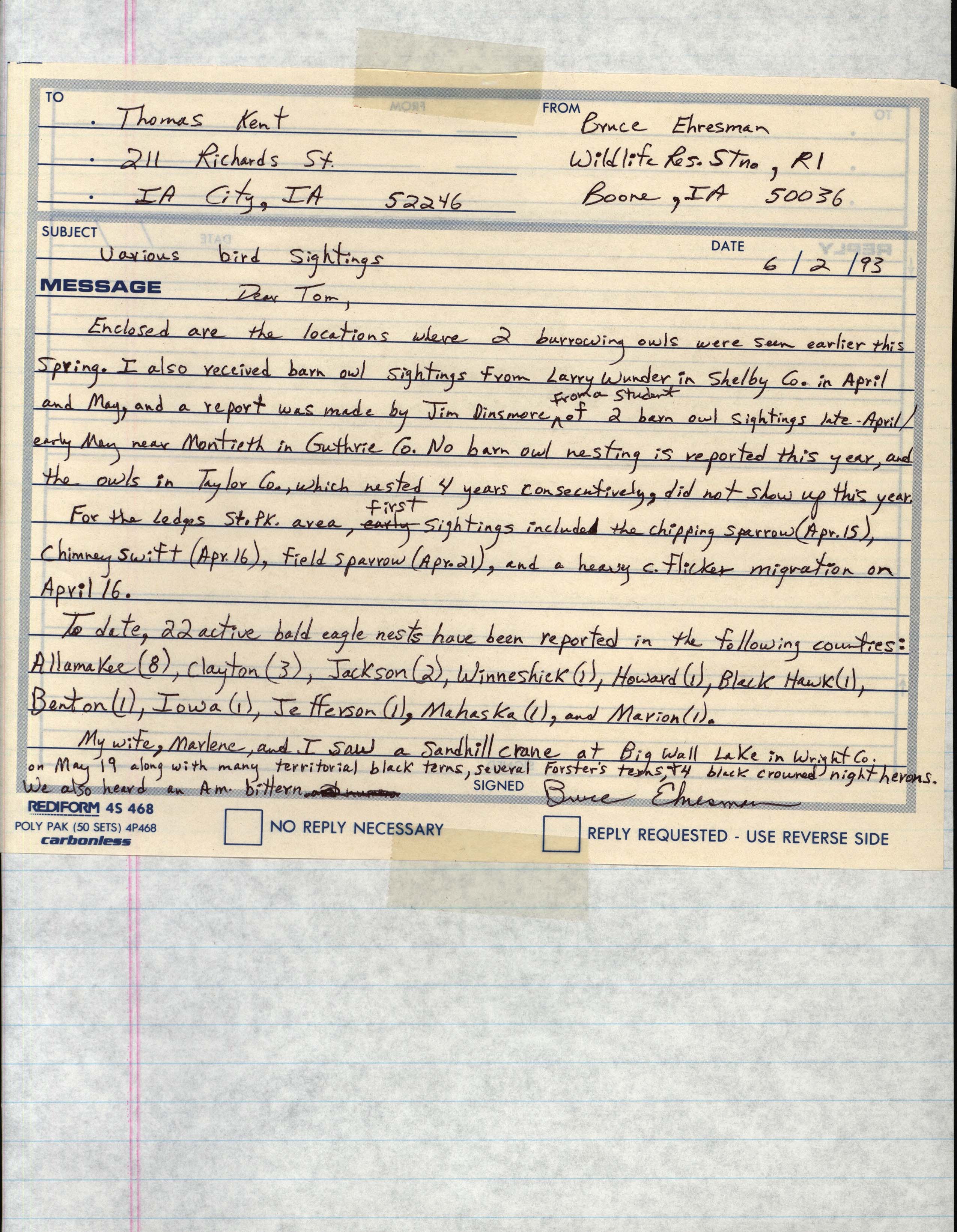 Bruce Ehresman letter to Thomas Kent regarding Burrowing Owl sightings, June 2, 1993