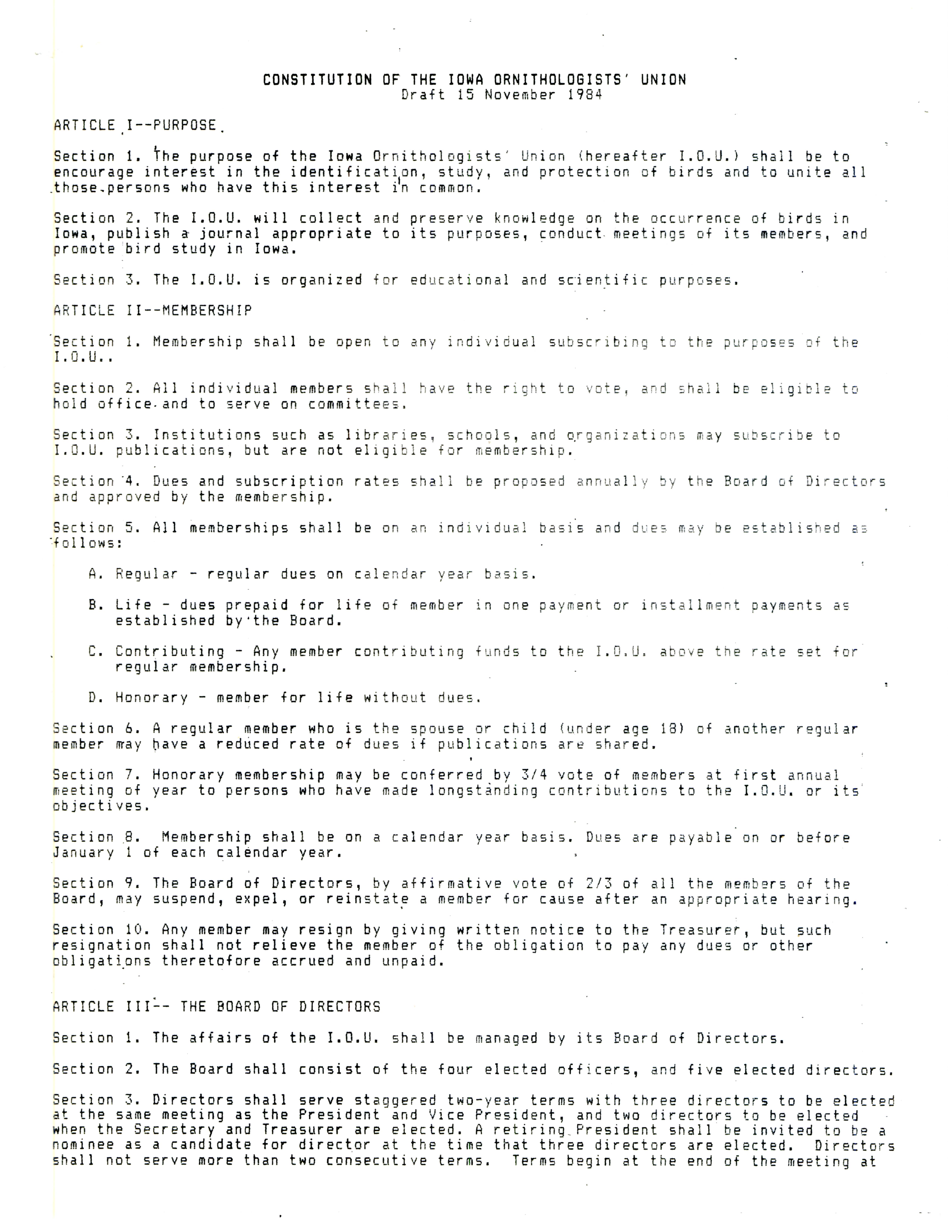 Draft Constitution of the Iowa Ornithologists' Union, November 15, 1984