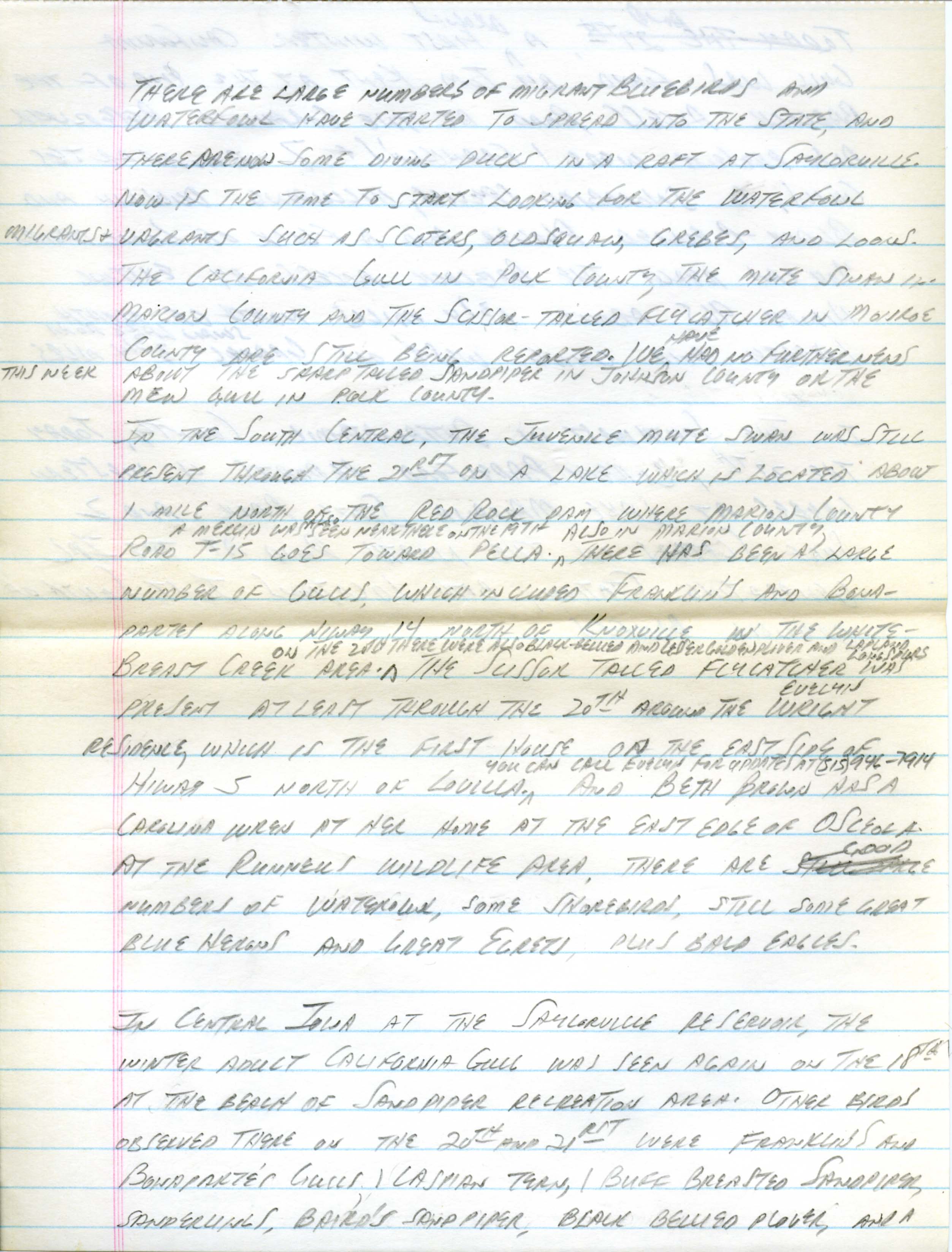 Iowa Birdline update, October 22, 1990, notes
