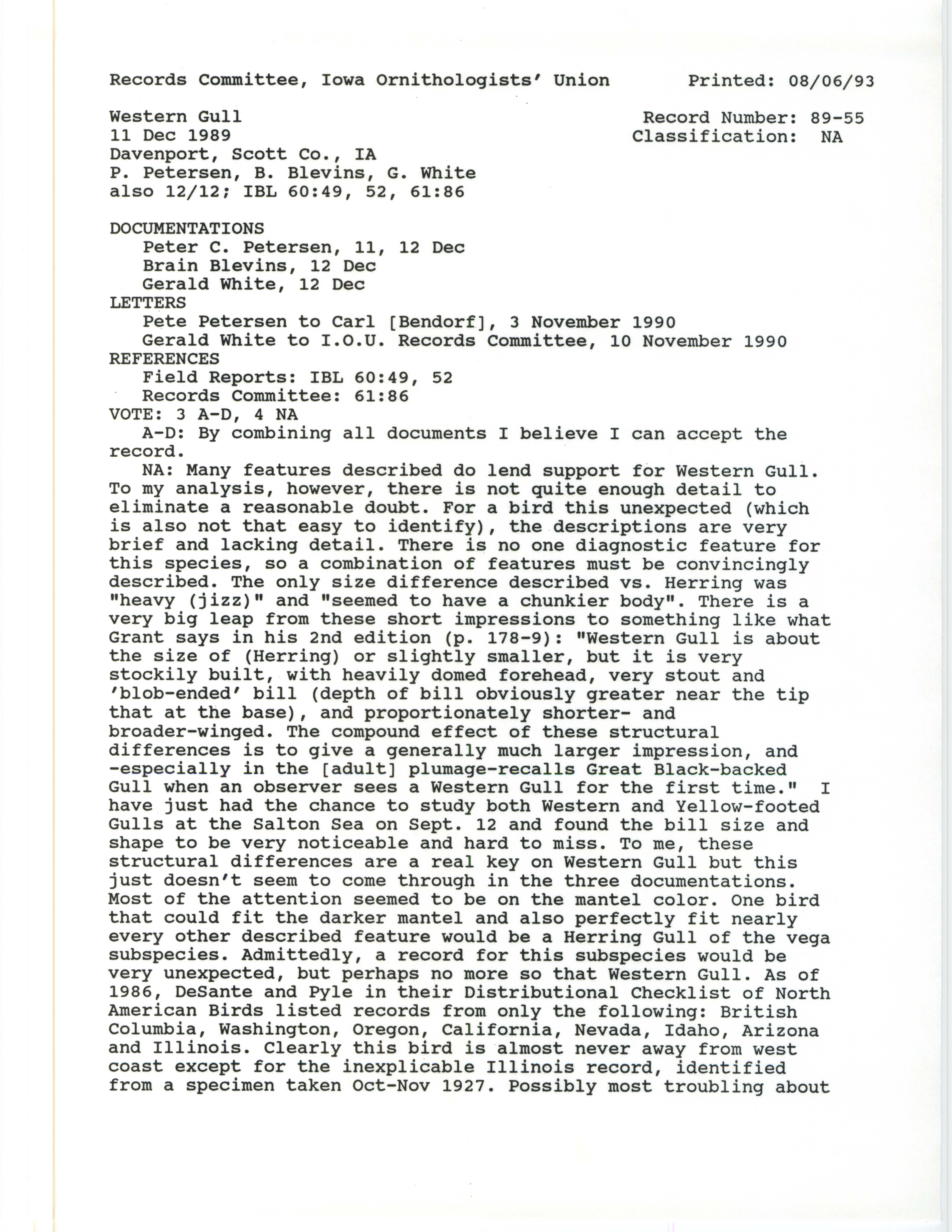 Records Committee review for rare bird sighting of Western Gull east of Lock and Dam 15 near Davenport, 1989